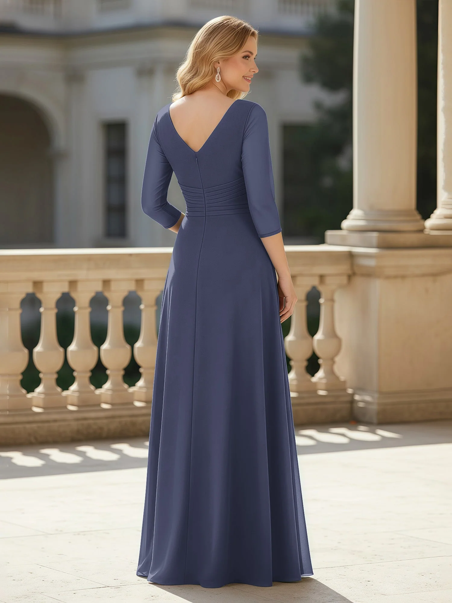 3/4 Ärmel Plissee V-Ausschnitt Chiffon Bodenlänge Kleid Sturm - Image 2