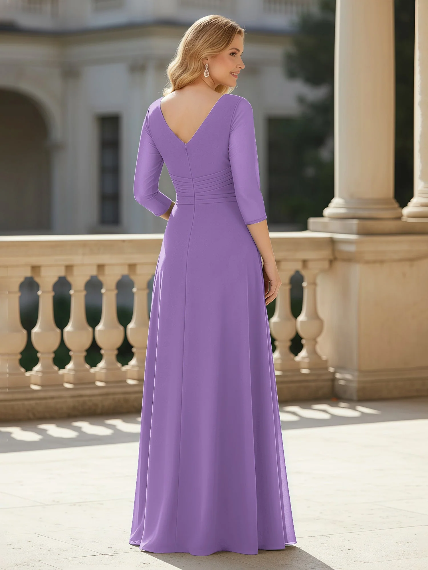 3/4 Ärmel Plissee V-Ausschnitt Chiffon Bodenlänge Kleid Tahiti - Image 2