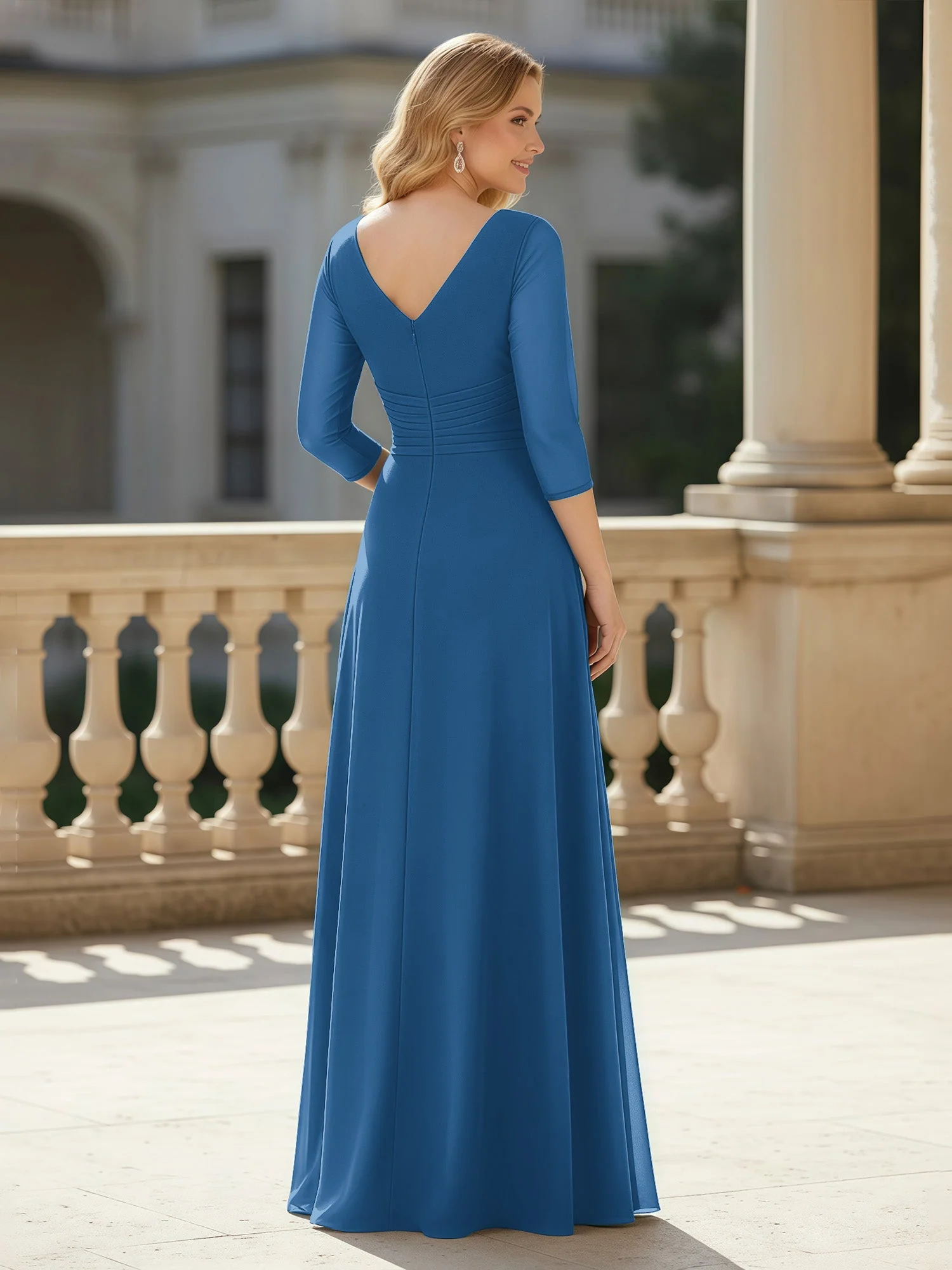 3/4 Ärmel Plissee V-Ausschnitt Chiffon Bodenlänge Kleid Tinte Blau - Image 2