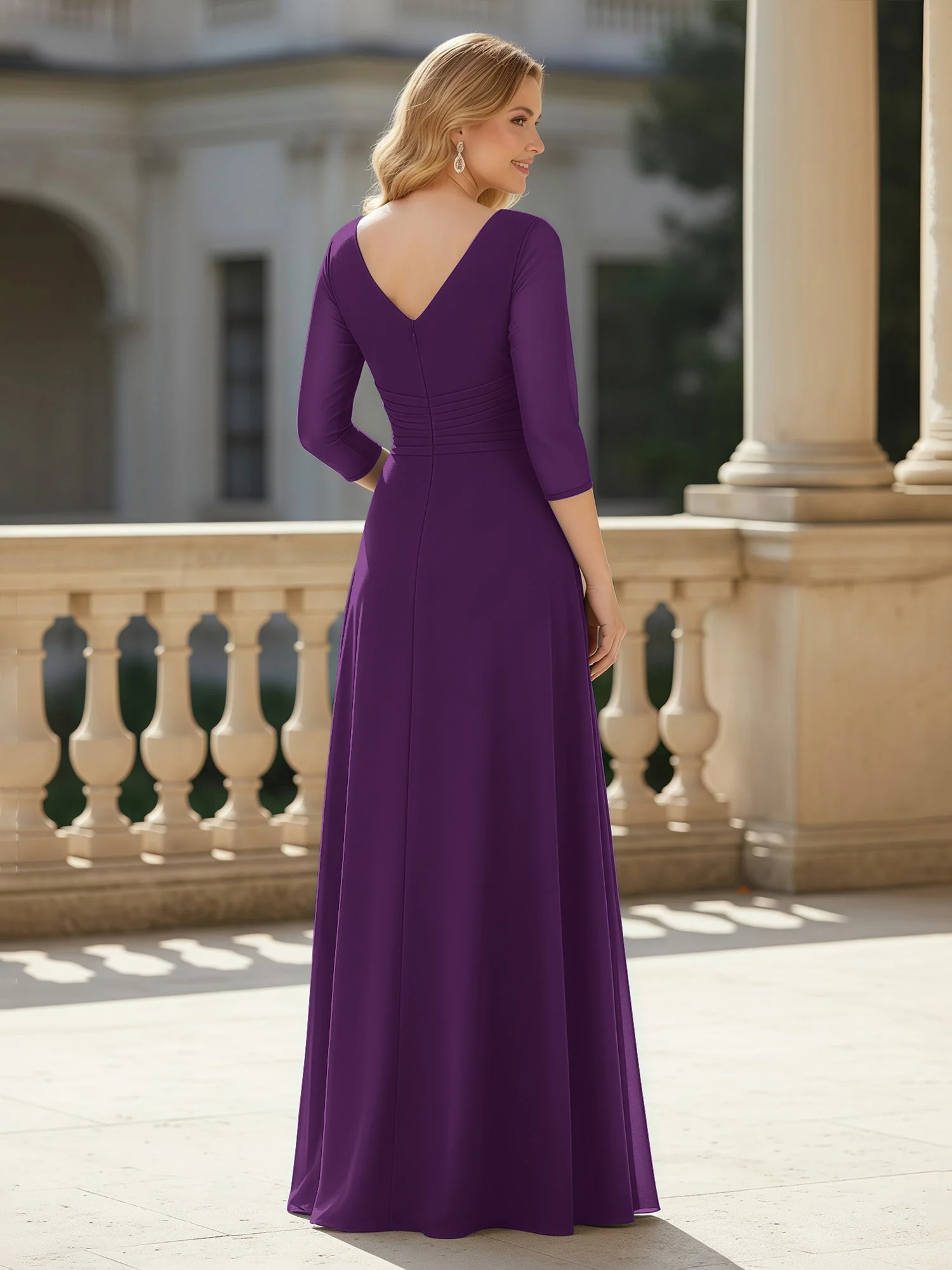 3/4 Ärmel Plissee V-Ausschnitt Chiffon Bodenlänge Kleid Traube - Image 2
