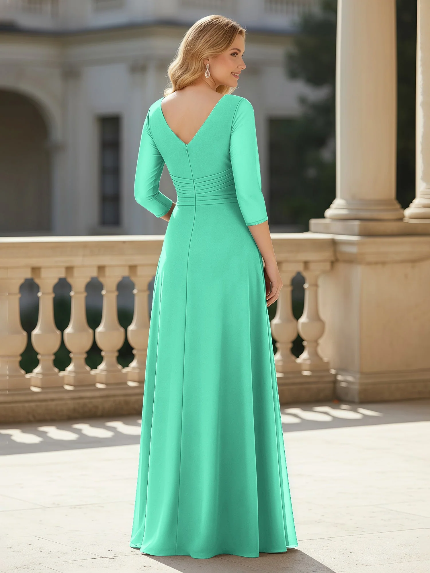 3/4 Ärmel Plissee V-Ausschnitt Chiffon Bodenlänge Kleid Türkis - Image 2