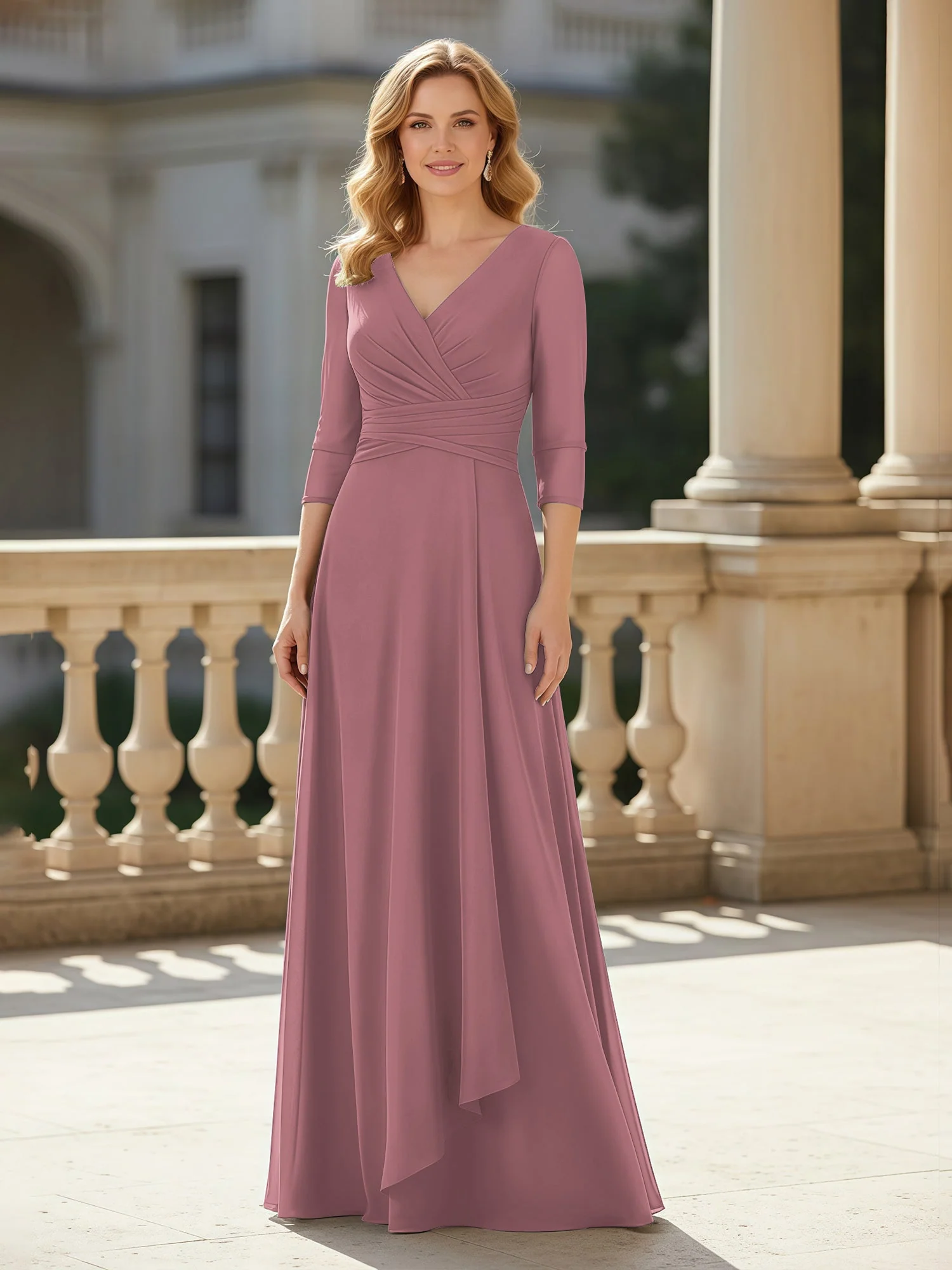3/4 Ärmel Plissee V-Ausschnitt Chiffon Bodenlänge Kleid Vintage Mauve