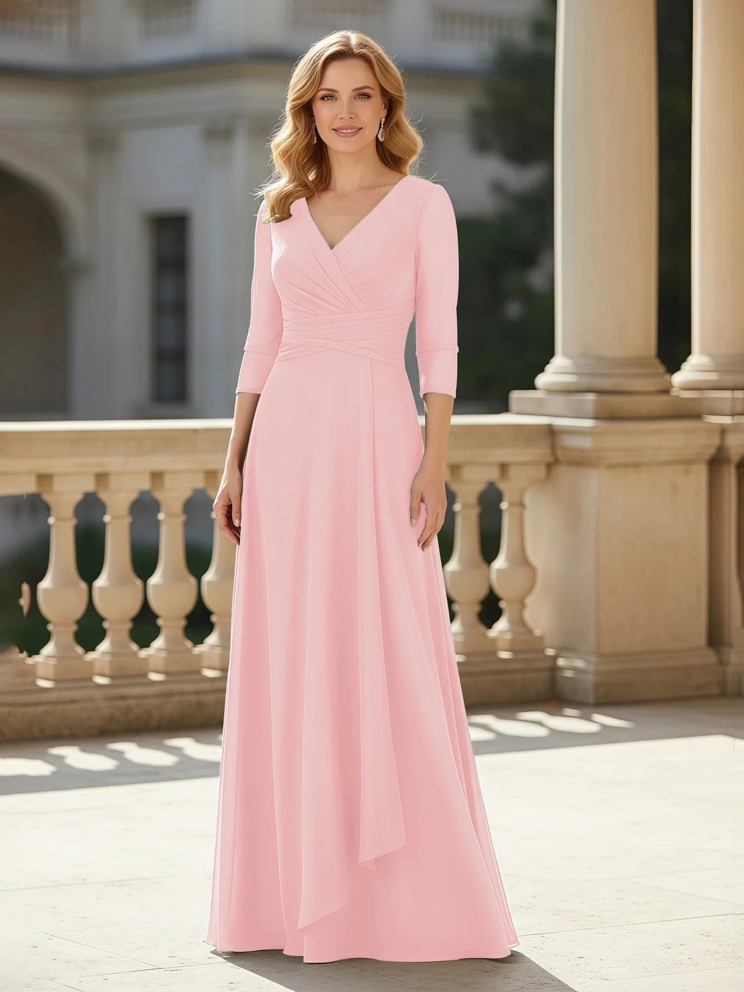 3/4 Ärmel Plissee V-Ausschnitt Chiffon Bodenlänge Kleid Zartrosa