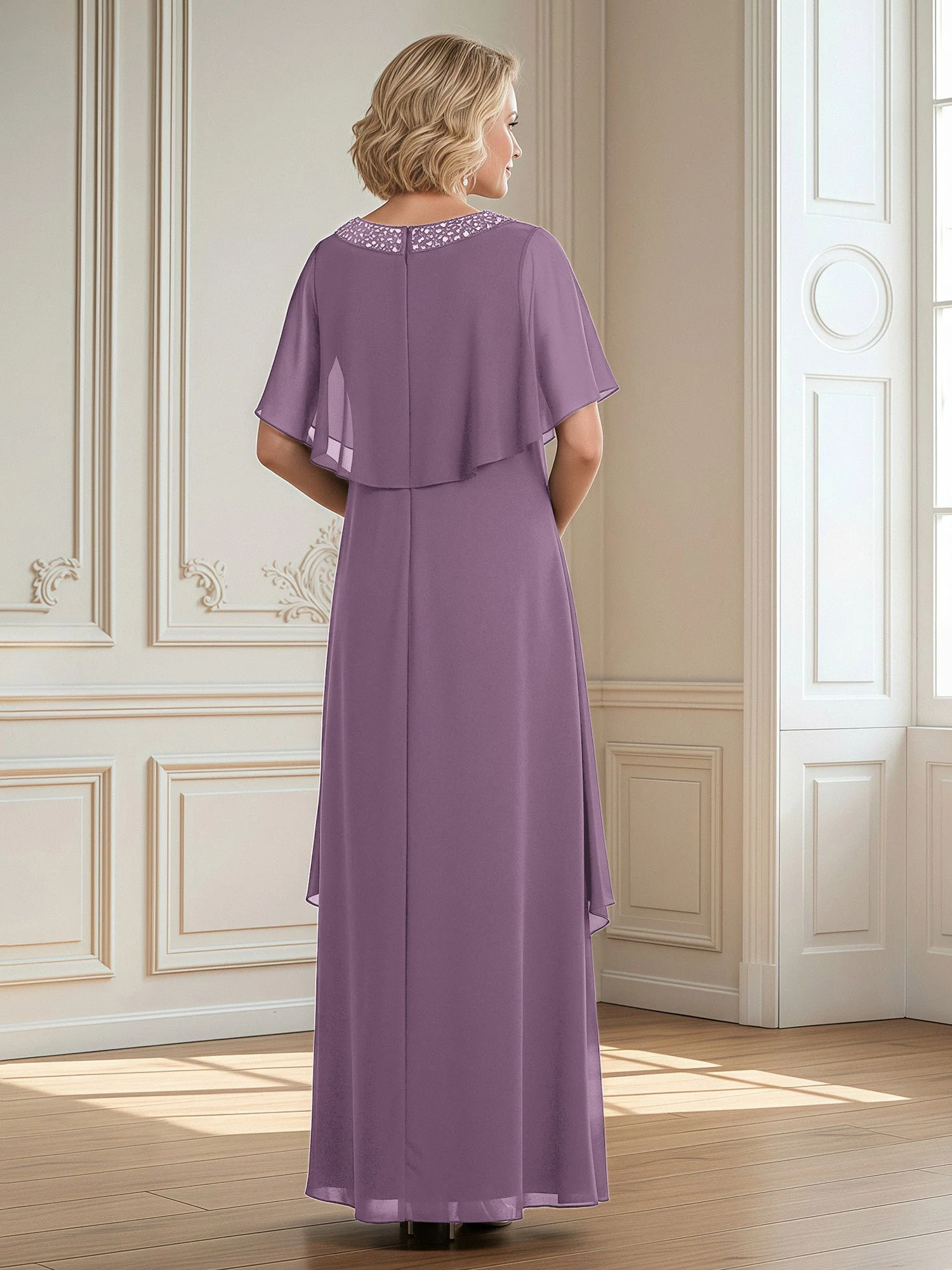 A-Linie Perlen Scoop Bodenlänge Chiffon Kleid Blauregen - Image 2