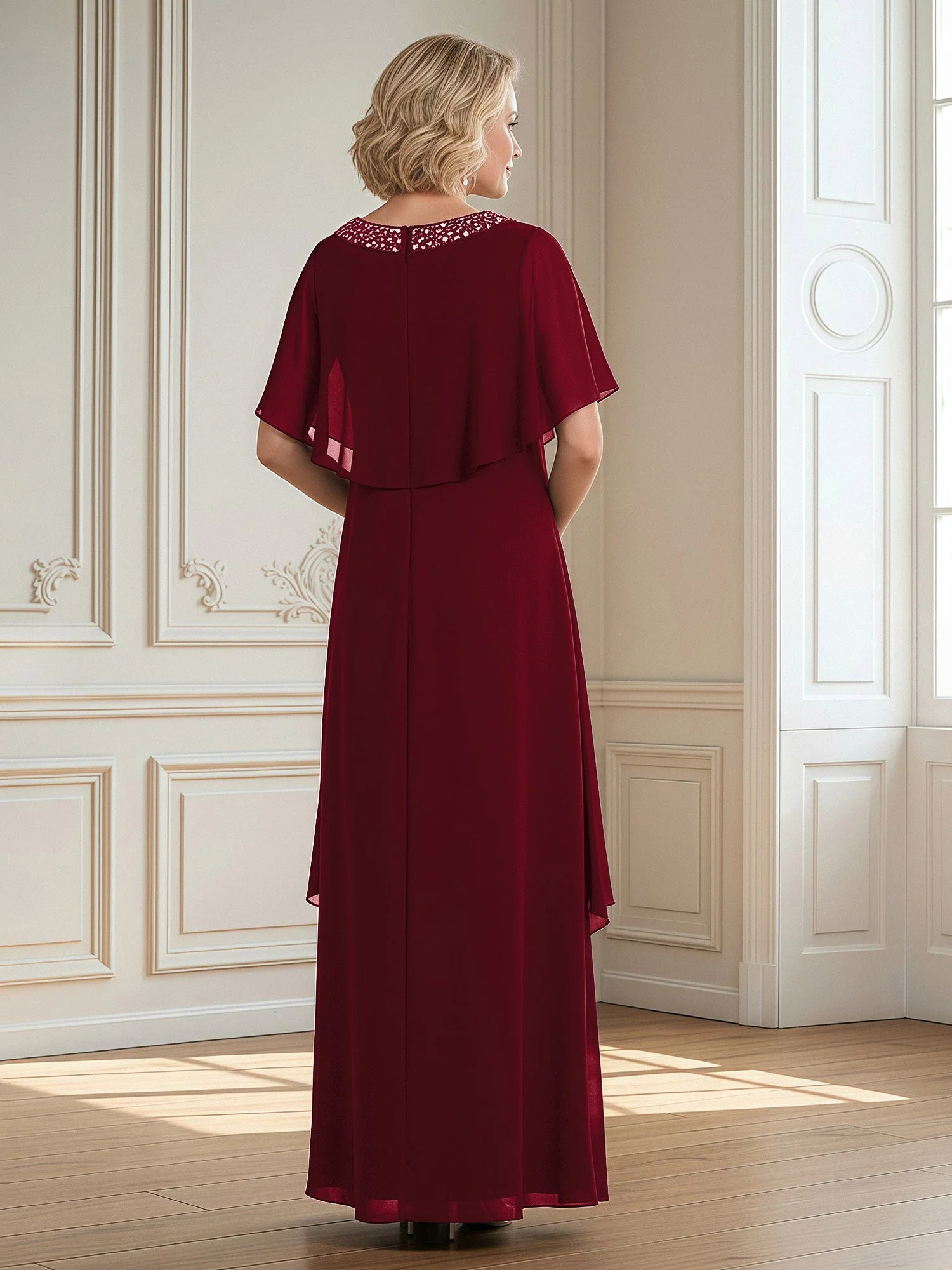 A-Linie Perlen Scoop Bodenlänge Chiffon Kleid Burgunderrot - Image 2