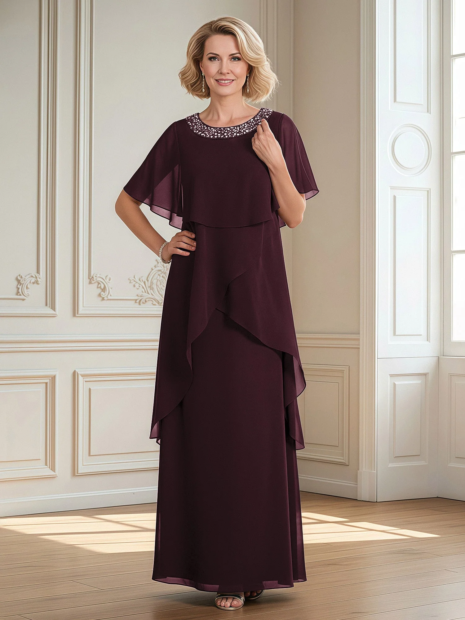 A-Linie Perlen Scoop Bodenlänge Chiffon Kleid Cabernet