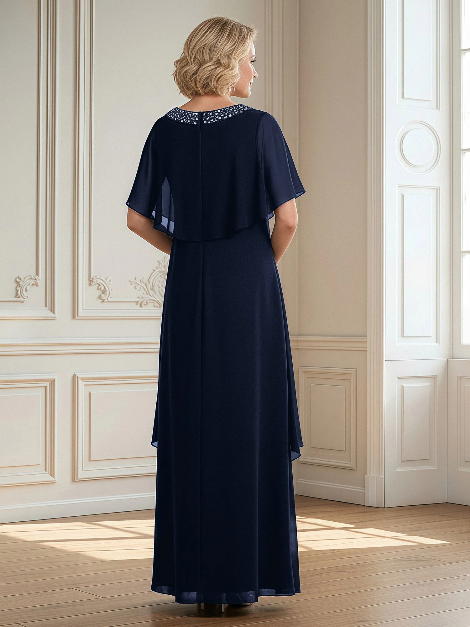 A-Linie Perlen Scoop Bodenlänge Chiffon Kleid Dunkelmarine - Image 2