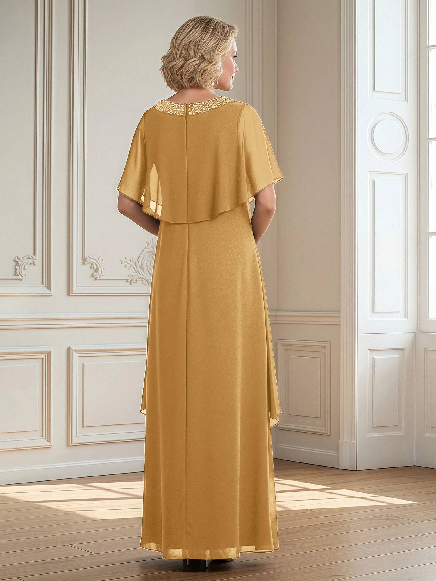 A-Linie Perlen Scoop Bodenlänge Chiffon Kleid Gold - Image 2