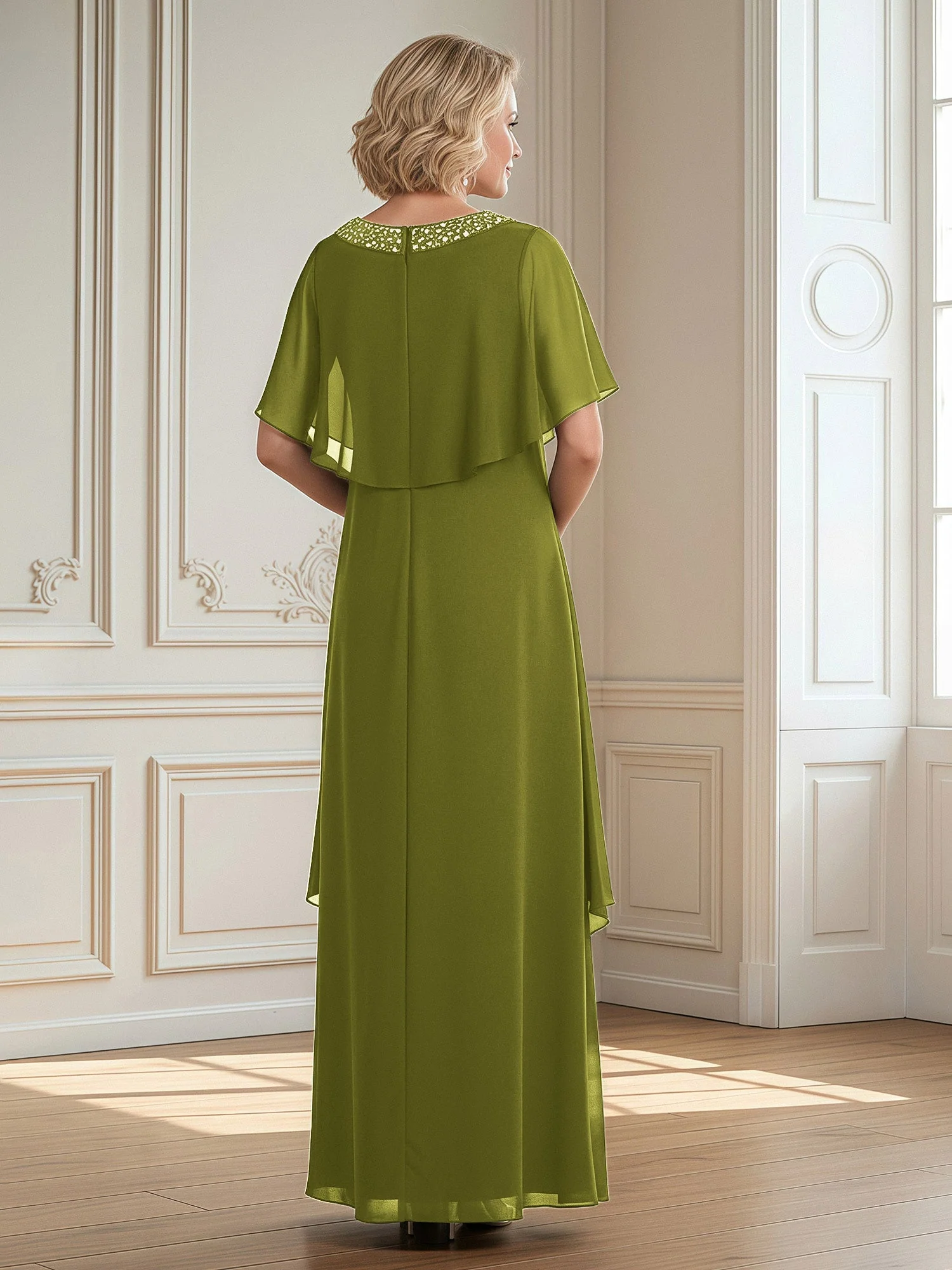 A-Linie Perlen Scoop Bodenlänge Chiffon Kleid Kleegrün - Image 2