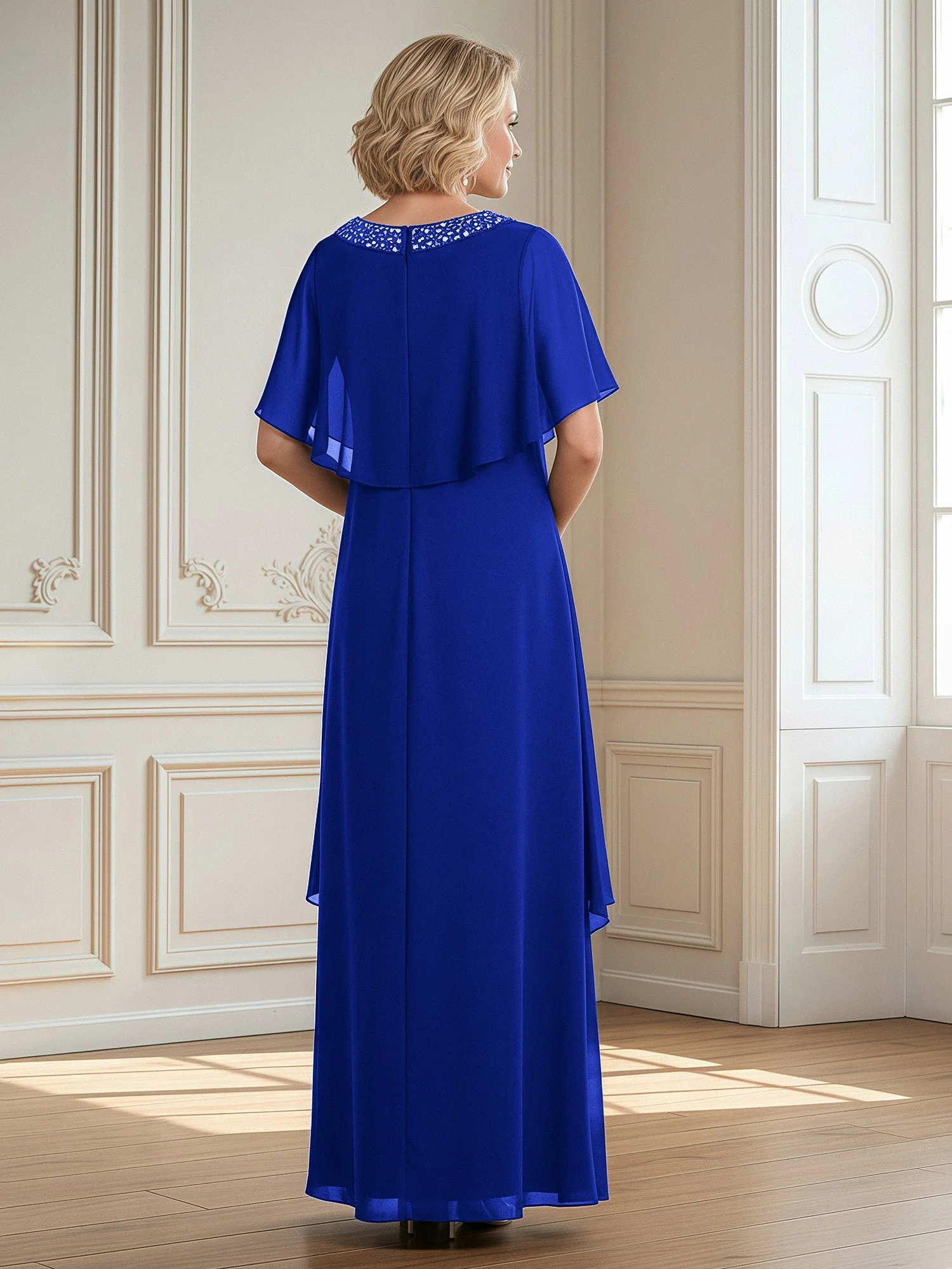 A-Linie Perlen Scoop Bodenlänge Chiffon Kleid Königsblau - Image 2