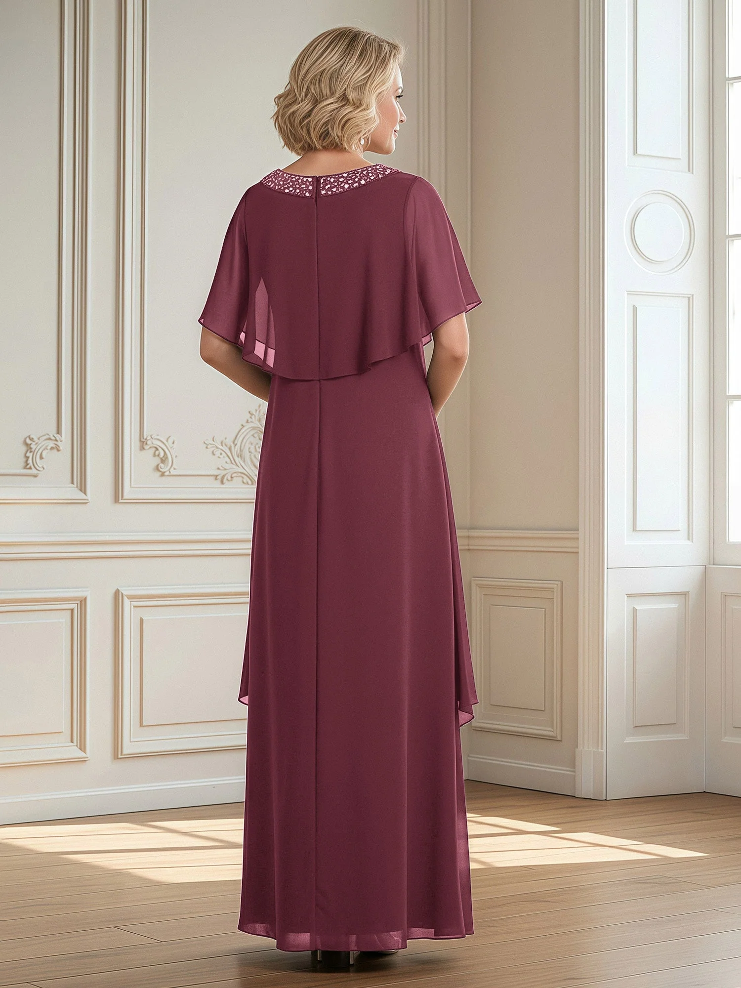 A-Linie Perlen Scoop Bodenlänge Chiffon Kleid Maulbeere - Image 2