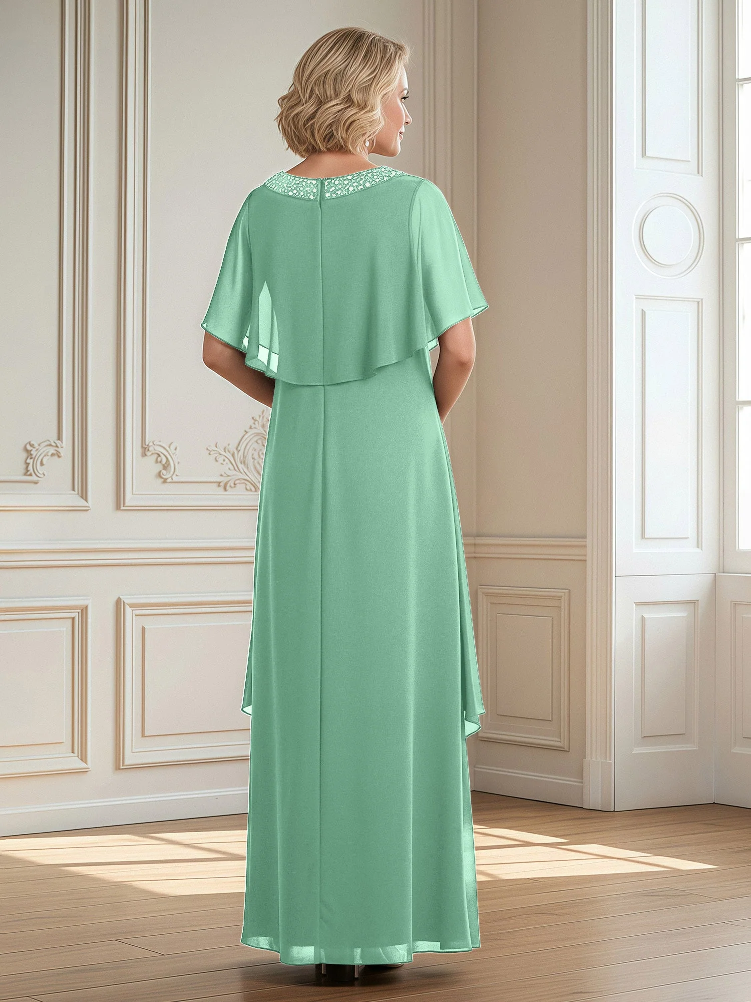 A-Linie Perlen Scoop Bodenlänge Chiffon Kleid Minzgrün - Image 2