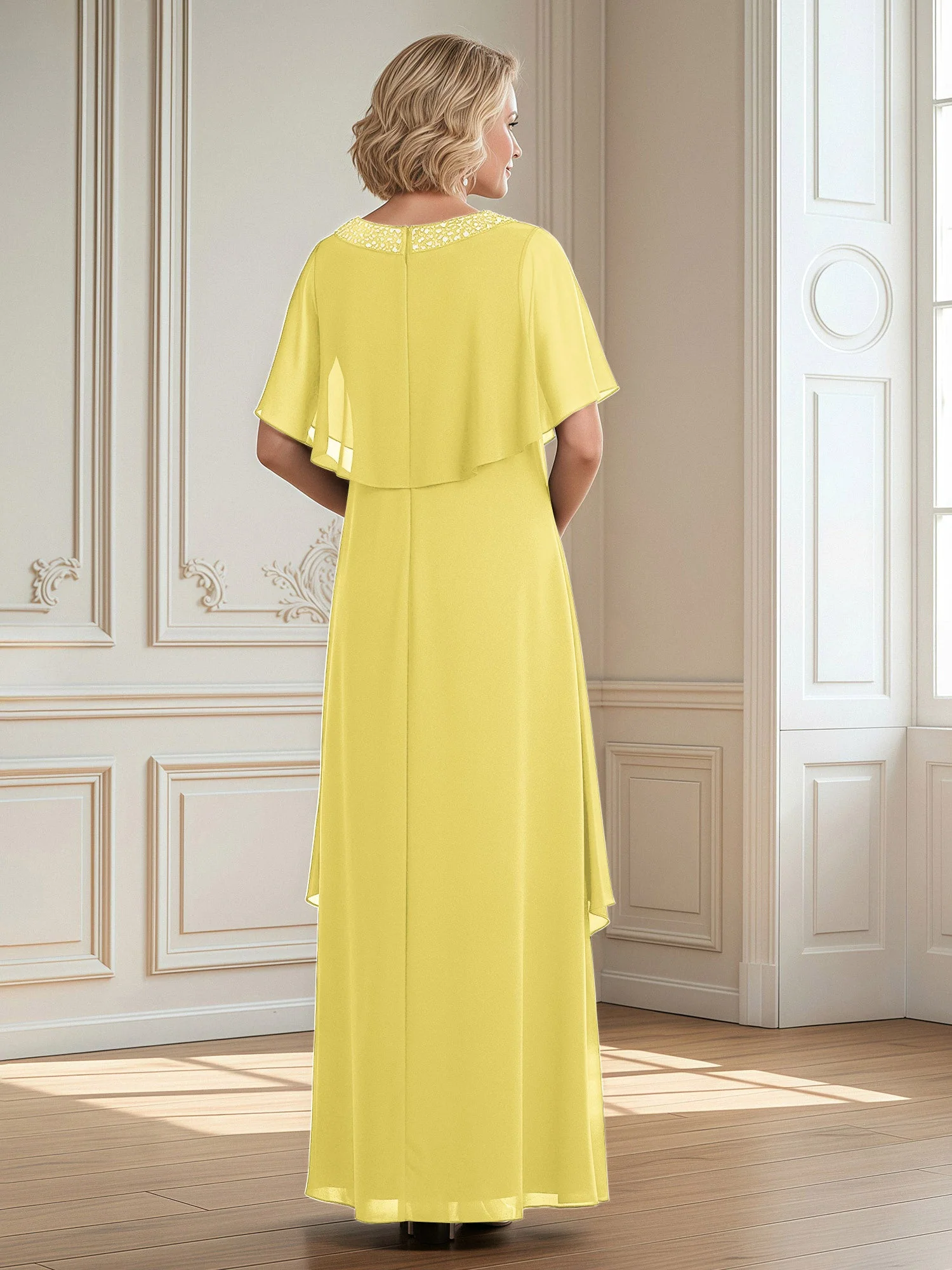 A-Linie Perlen Scoop Bodenlänge Chiffon Kleid Narzisse - Image 2