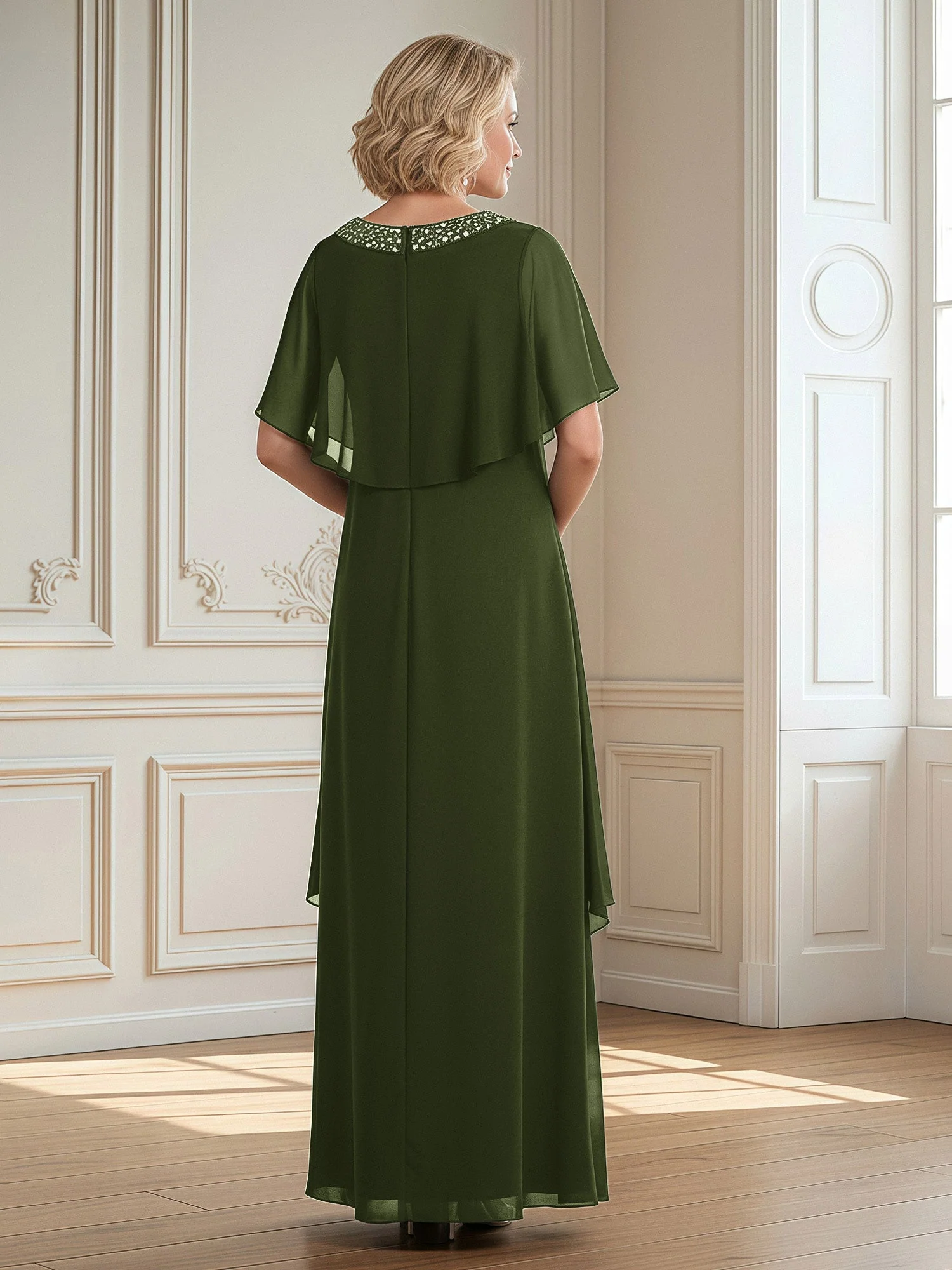 A-Linie Perlen Scoop Bodenlänge Chiffon Kleid Olivgrün - Image 2