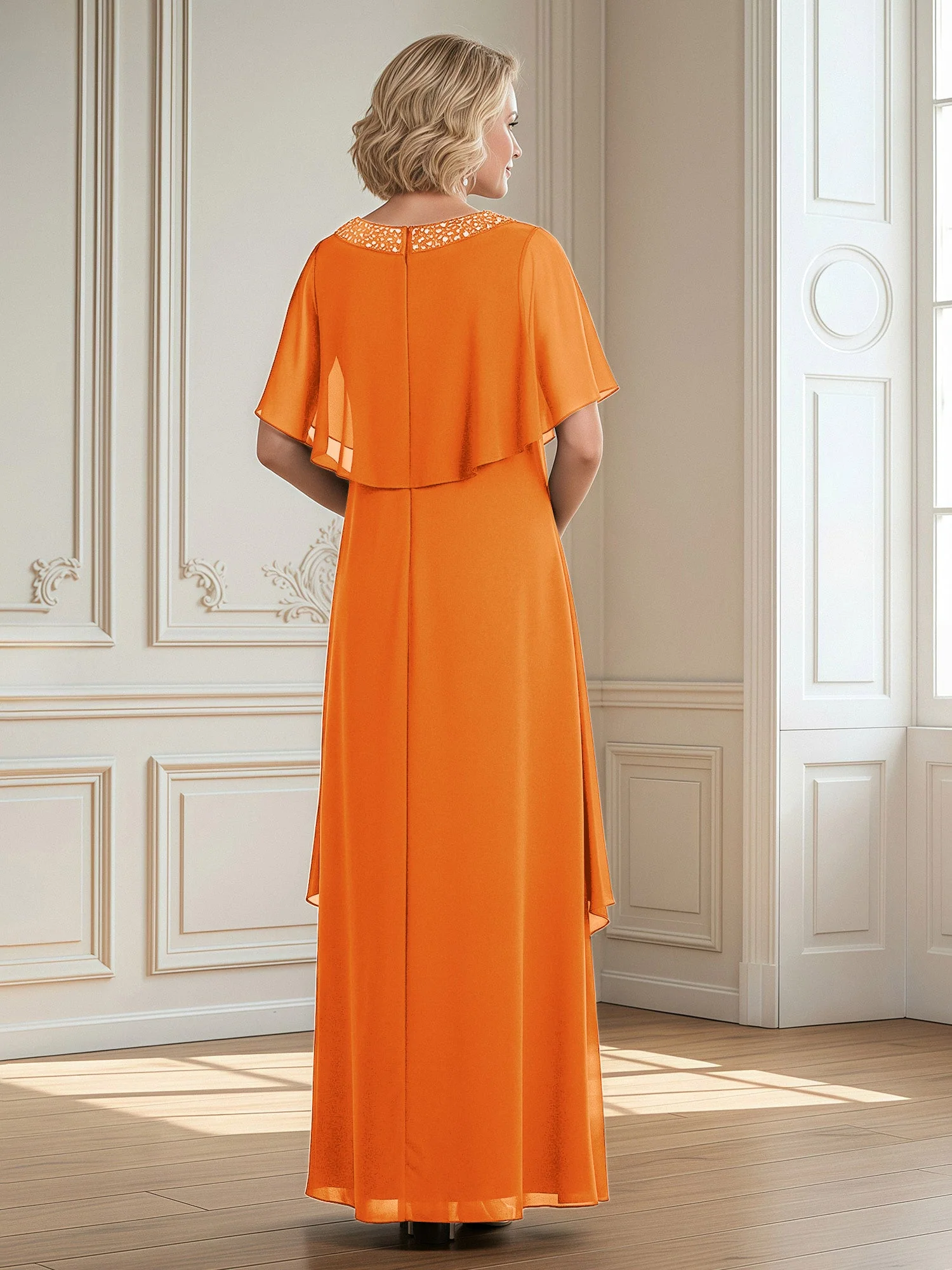 A-Linie Perlen Scoop Bodenlänge Chiffon Kleid Orange - Image 2