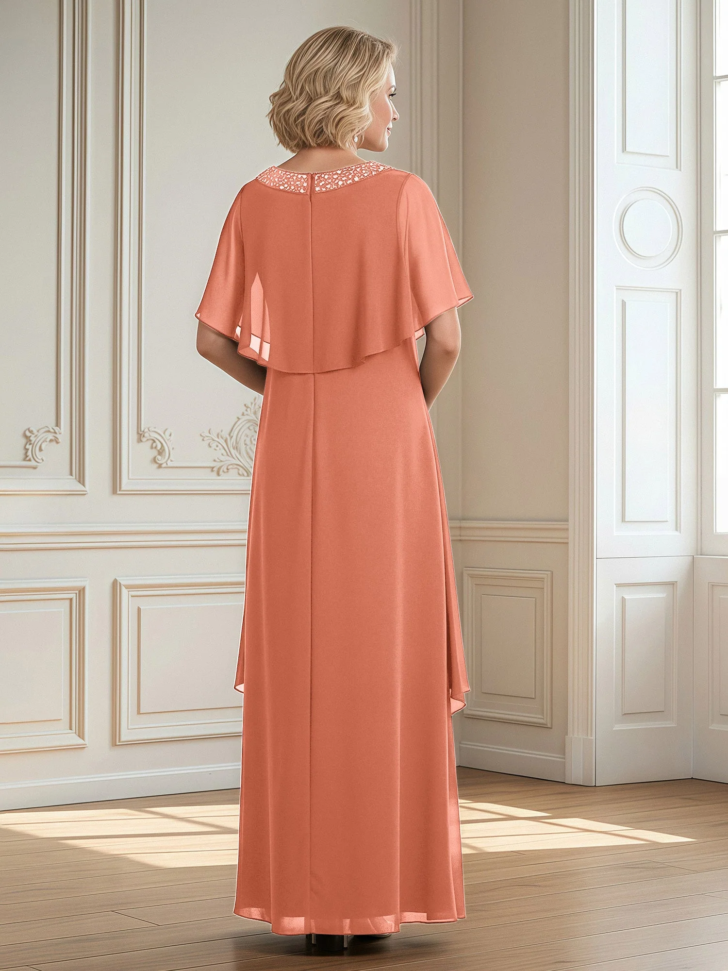 A-Linie Perlen Scoop Bodenlänge Chiffon Kleid Papaya - Image 2