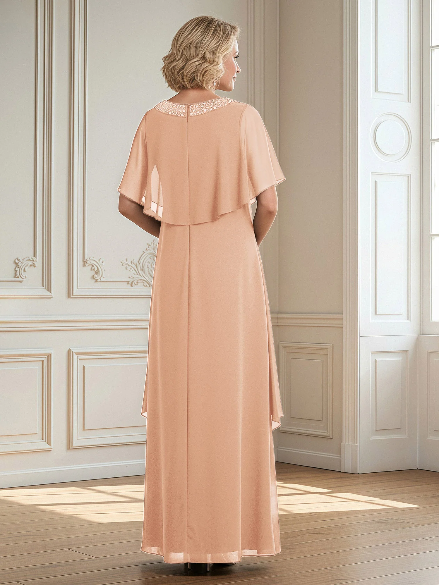 A-Linie Perlen Scoop Bodenlänge Chiffon Kleid Perlrosa - Image 2
