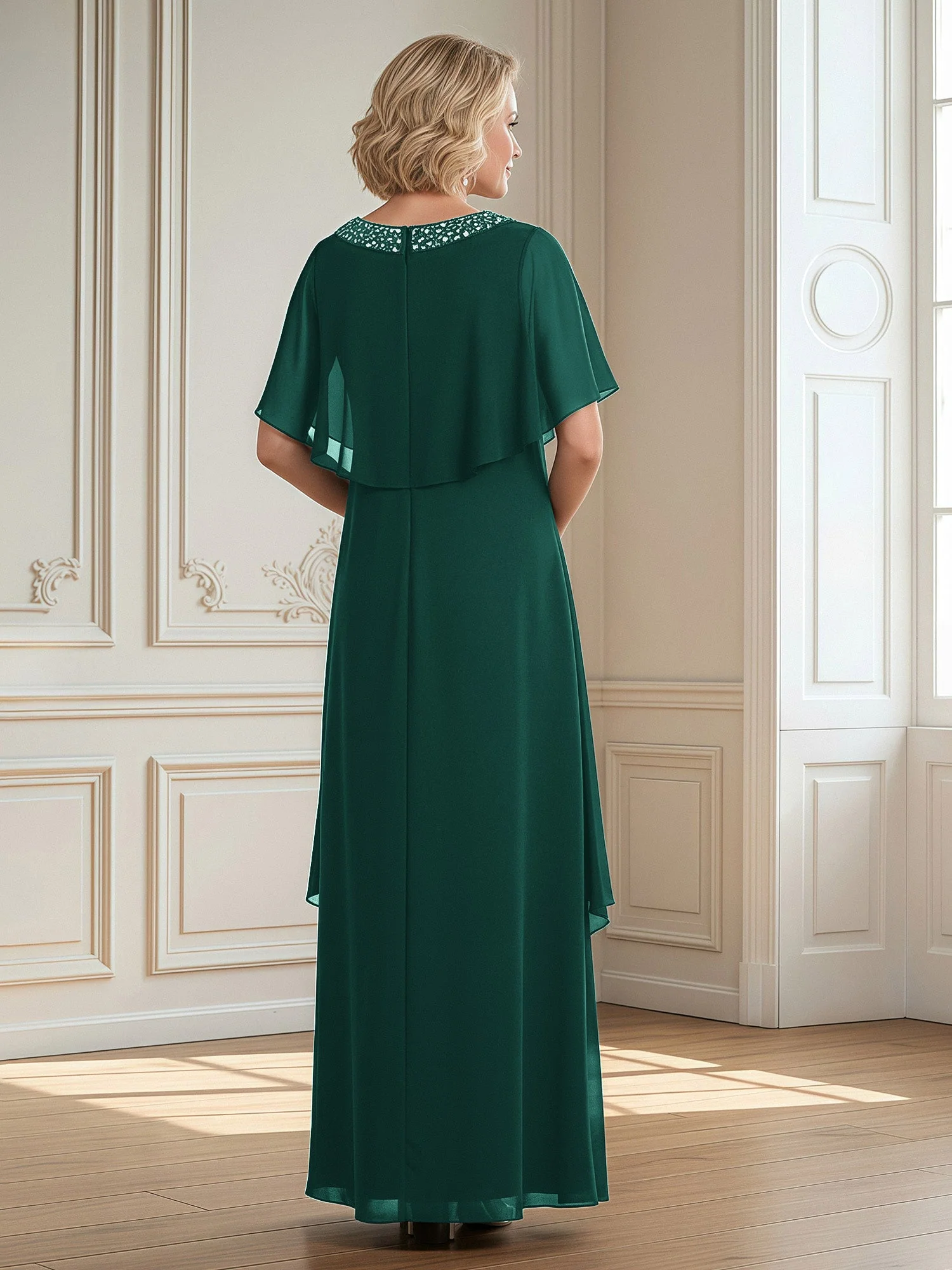 A-Linie Perlen Scoop Bodenlänge Chiffon Kleid Pfau - Image 2