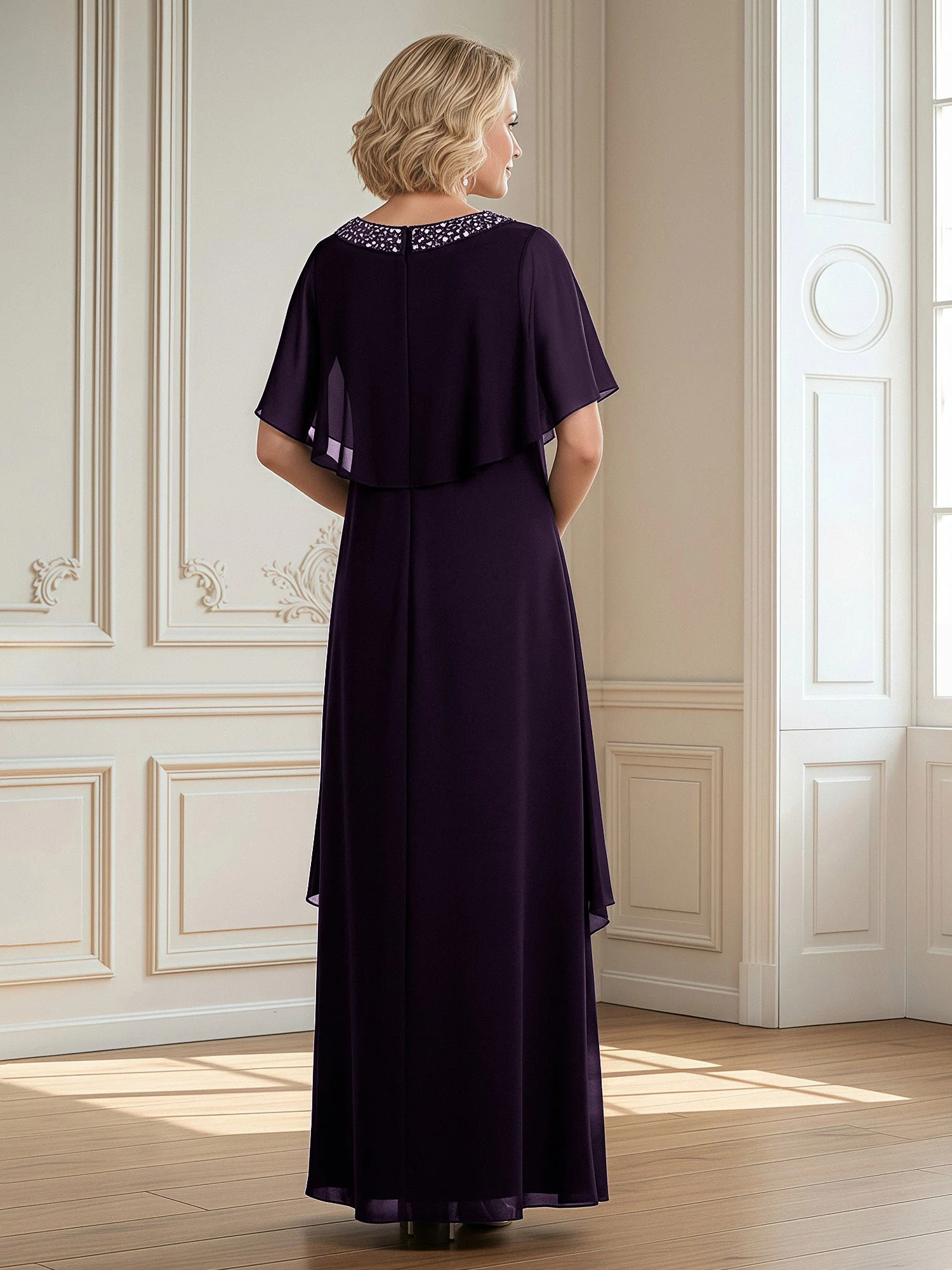 A-Linie Perlen Scoop Bodenlänge Chiffon Kleid Plum - Image 2
