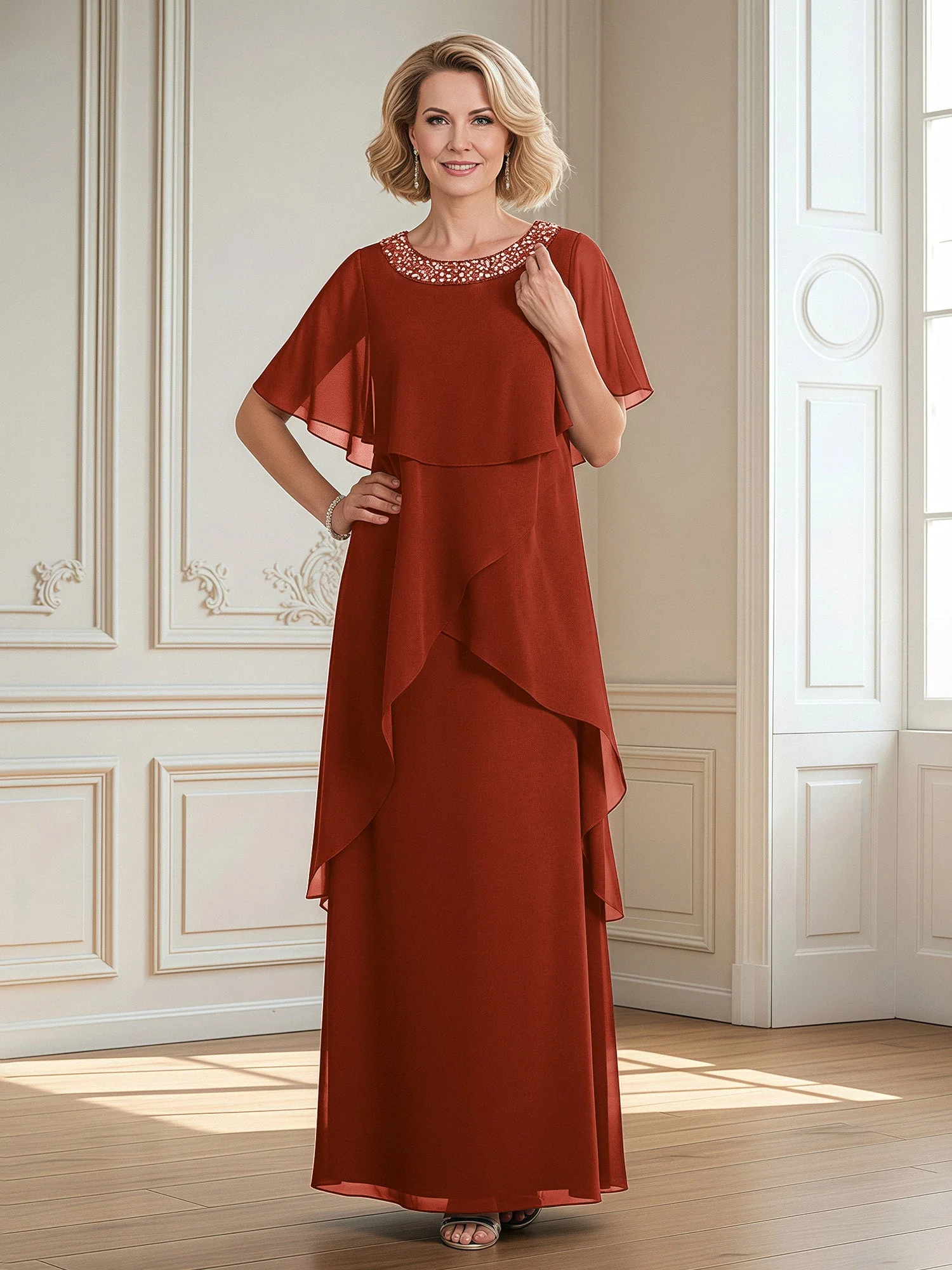 A-Linie Perlen Scoop Bodenlänge Chiffon Kleid Rost