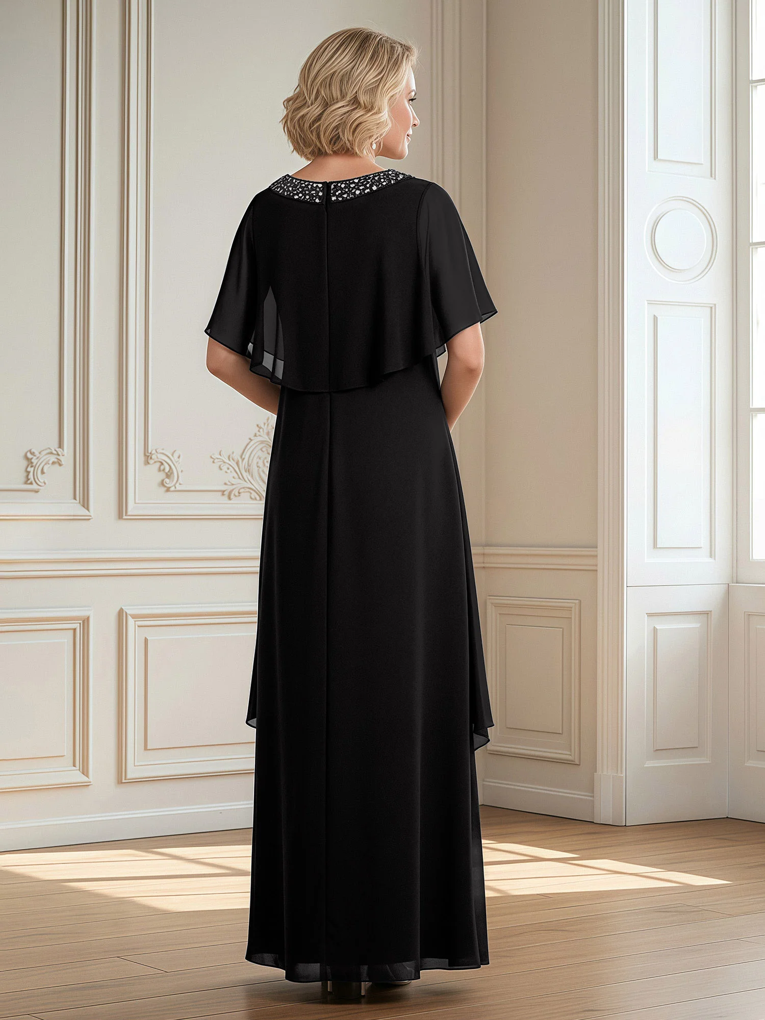 A-Linie Perlen Scoop Bodenlänge Chiffon Kleid Schwarz - Image 2