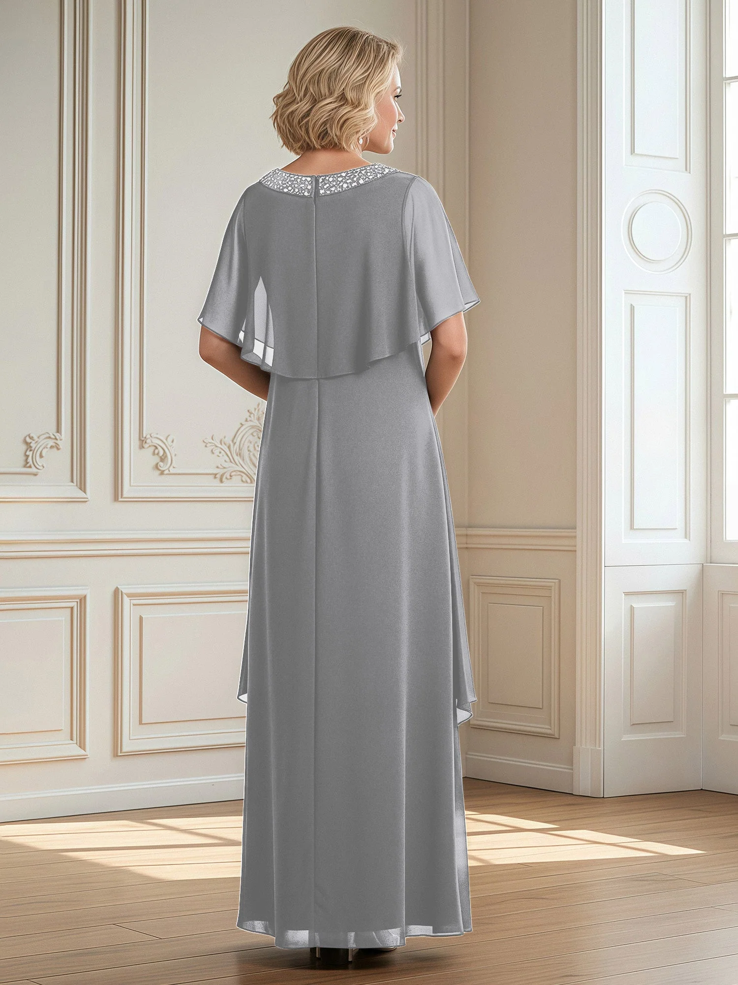 A-Linie Perlen Scoop Bodenlänge Chiffon Kleid Silber - Image 2