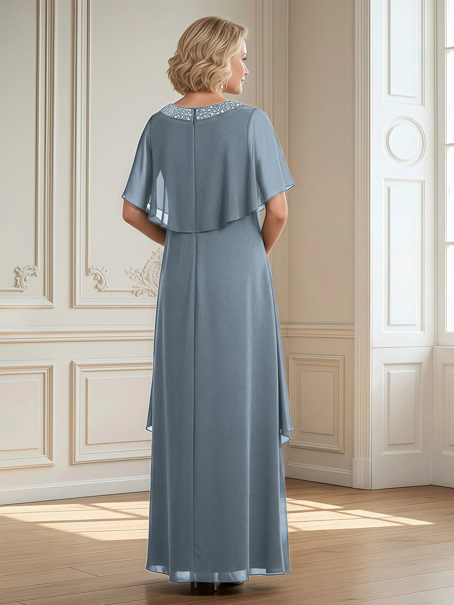 A-Linie Perlen Scoop Bodenlänge Chiffon Kleid Staubiges Blau - Image 2