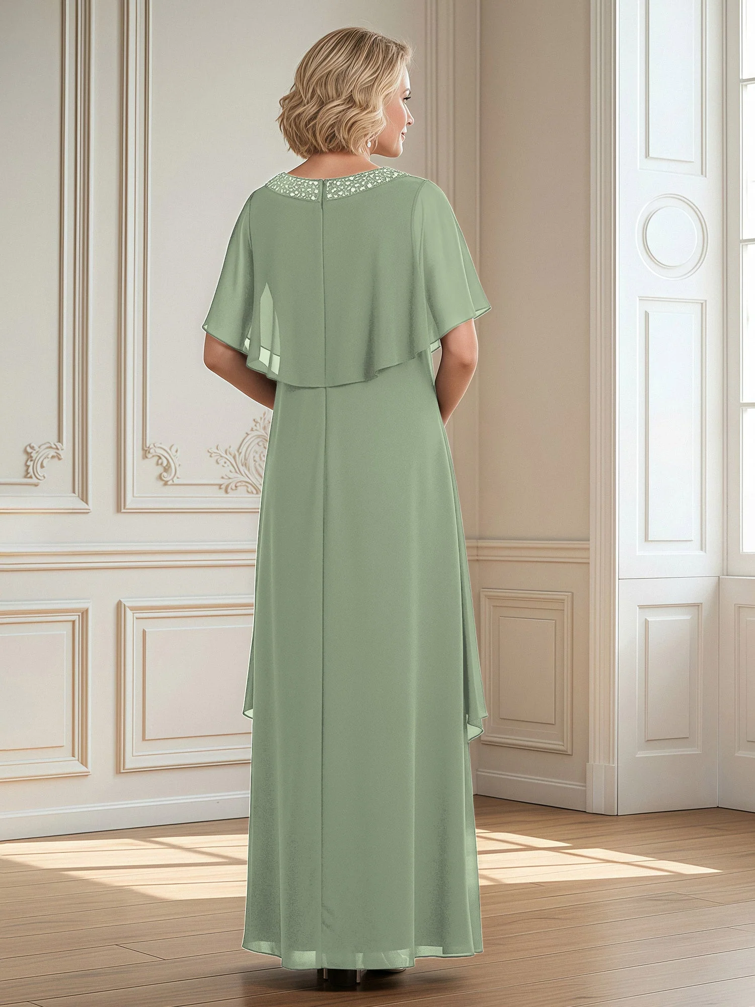 A-Linie Perlen Scoop Bodenlänge Chiffon Kleid Staubiges Salbei - Image 2