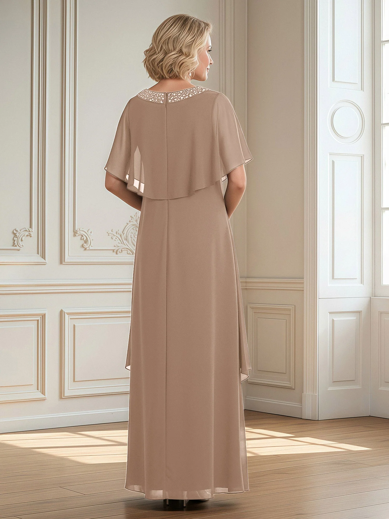 A-Linie Perlen Scoop Bodenlänge Chiffon Kleid Taupe - Image 2