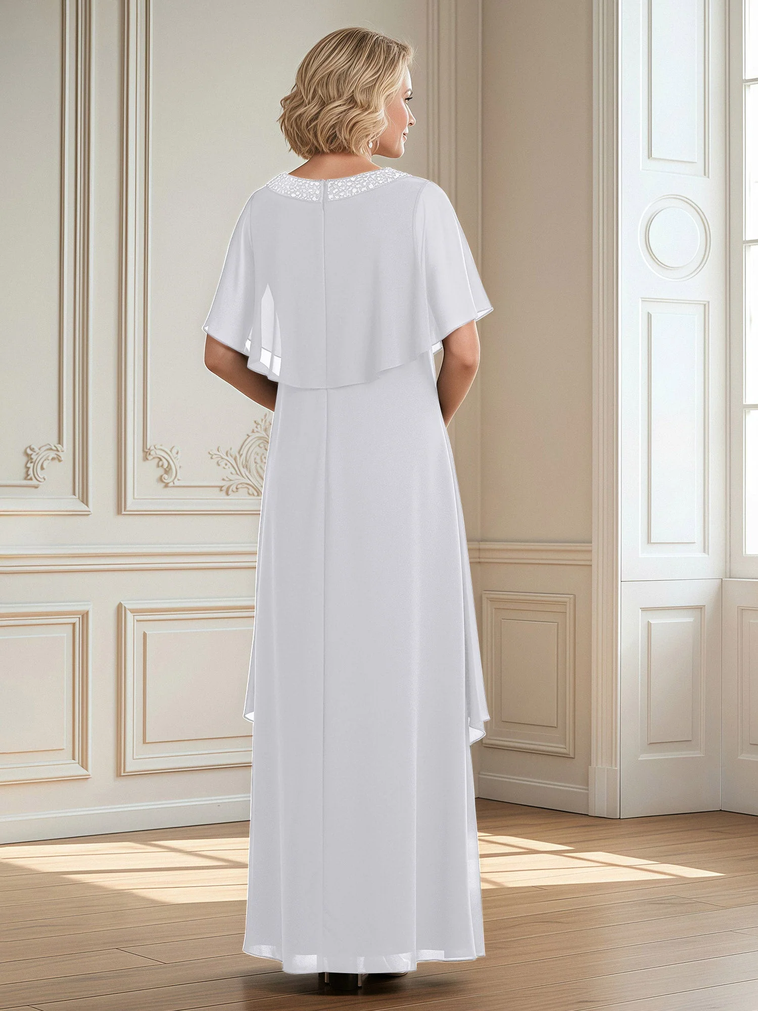 A-Linie Perlen Scoop Bodenlänge Chiffon Kleid Weiß - Image 2