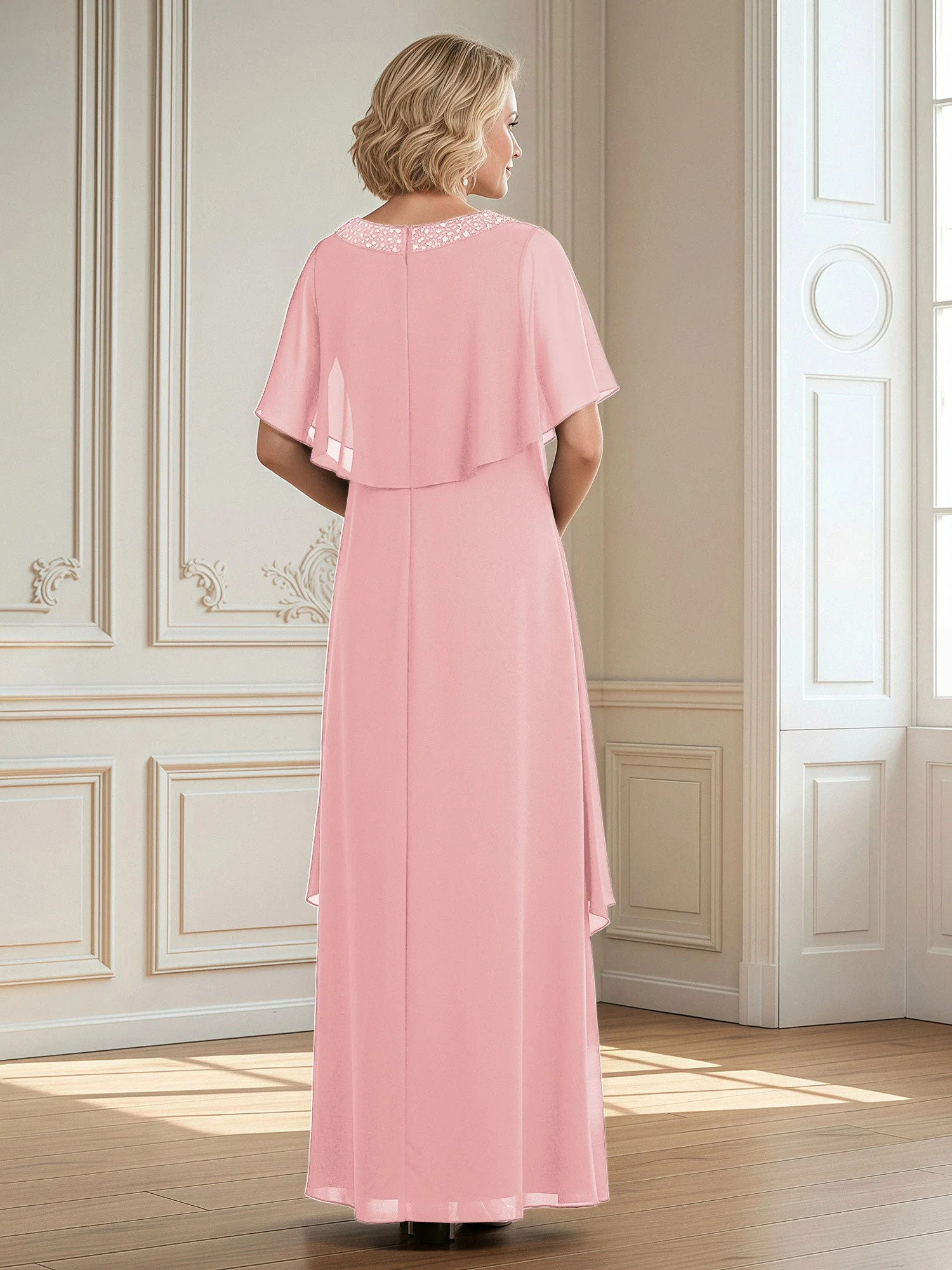 A-Linie Perlen Scoop Bodenlänge Chiffon Kleid Zartrosa - Image 2