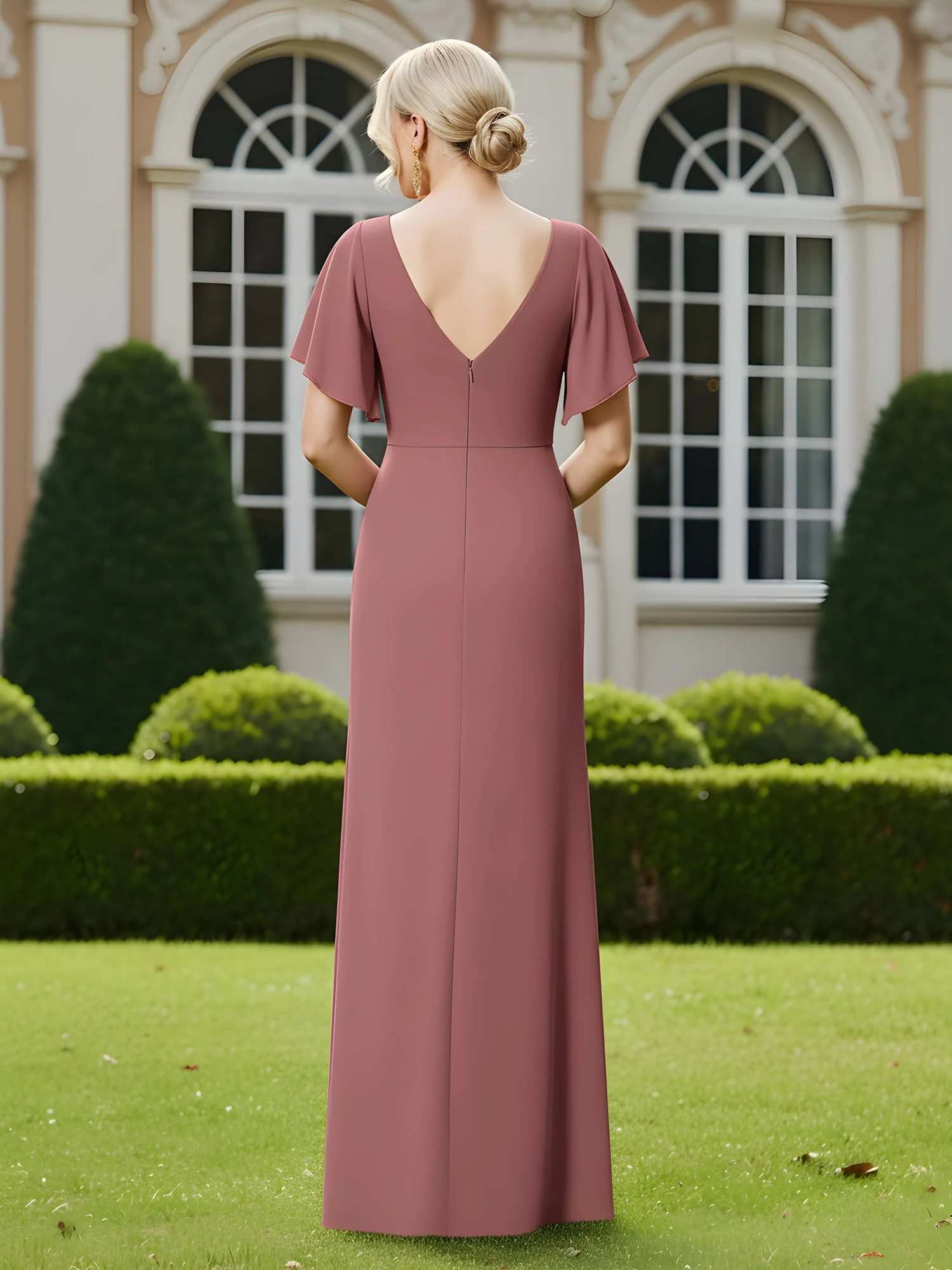 V-Ausschnitt Kleid mit Flatterärmeln, plissiert und bodenlang Weiß - Image 2