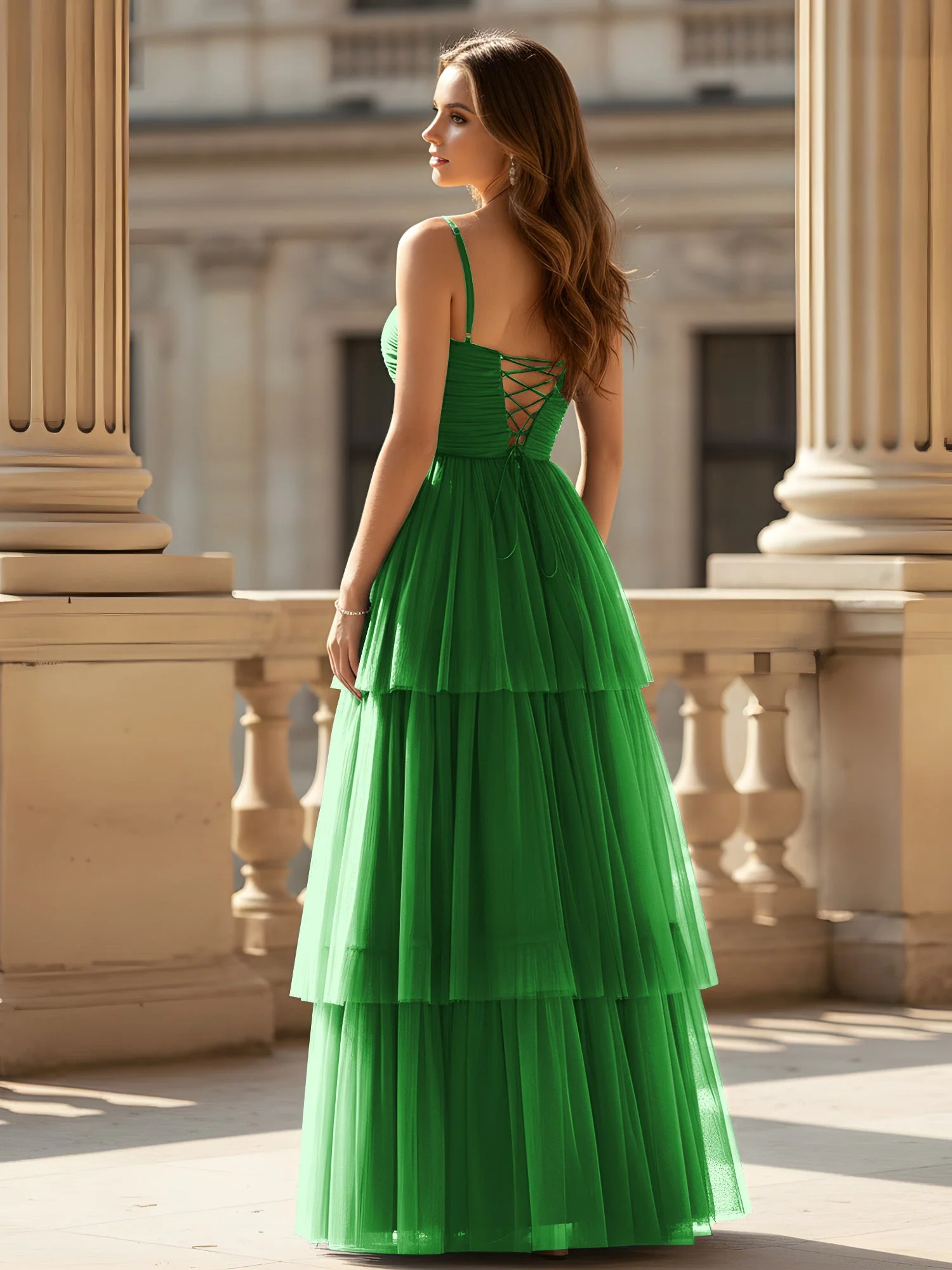 Gerafft Oberteil Stufen Tüll Kleid mit hohem Schlitz Grün - Image 2