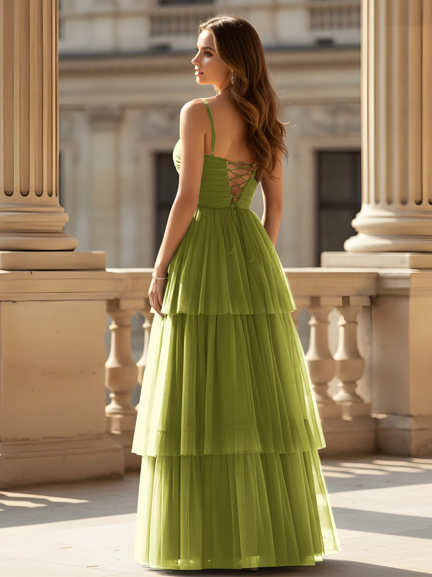 Gerafft Oberteil Stufen Tüll Kleid mit hohem Schlitz Kleegrün - Image 2