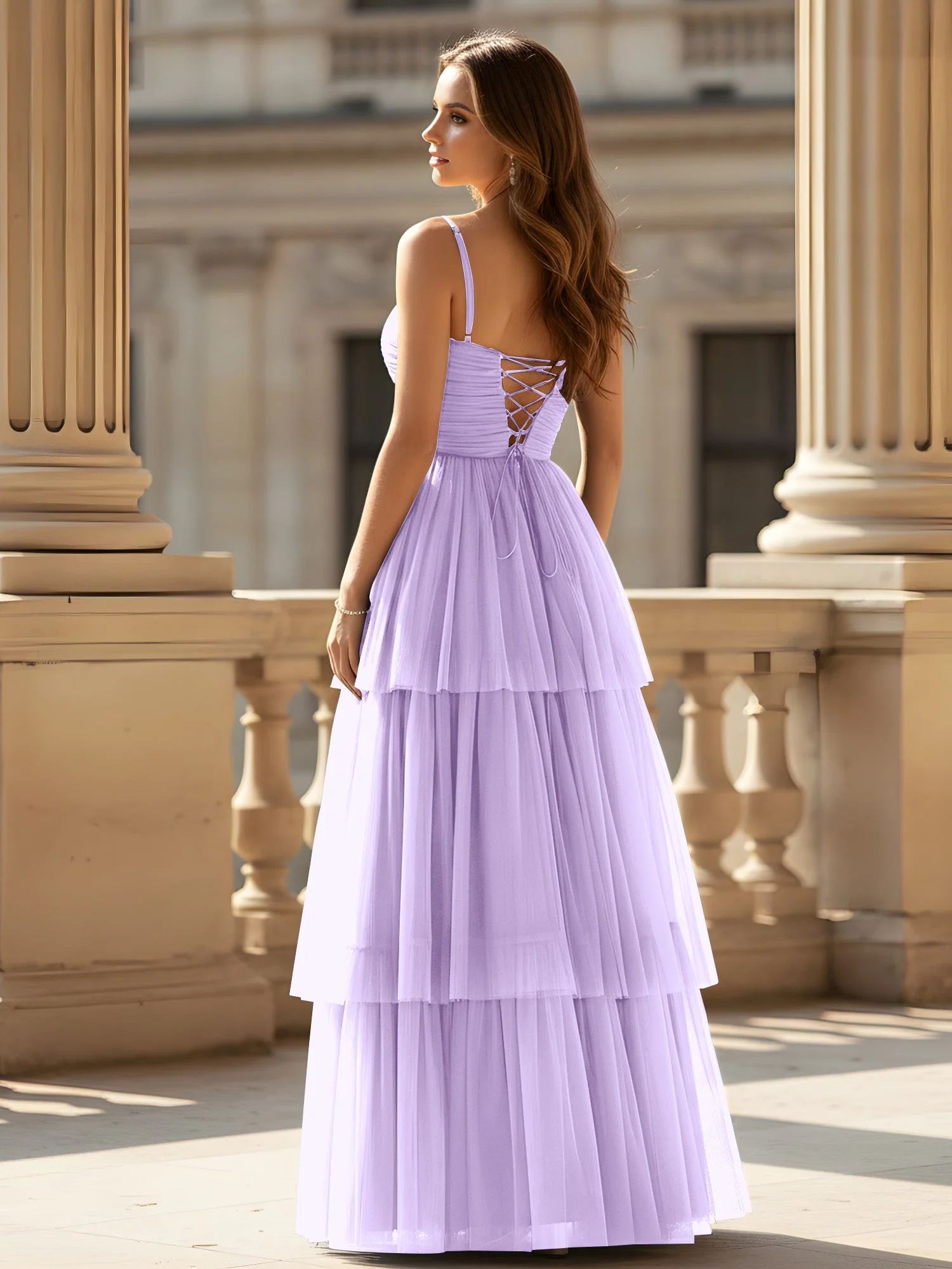 Gerafft Oberteil Stufen Tüll Kleid mit hohem Schlitz Lila - Image 2