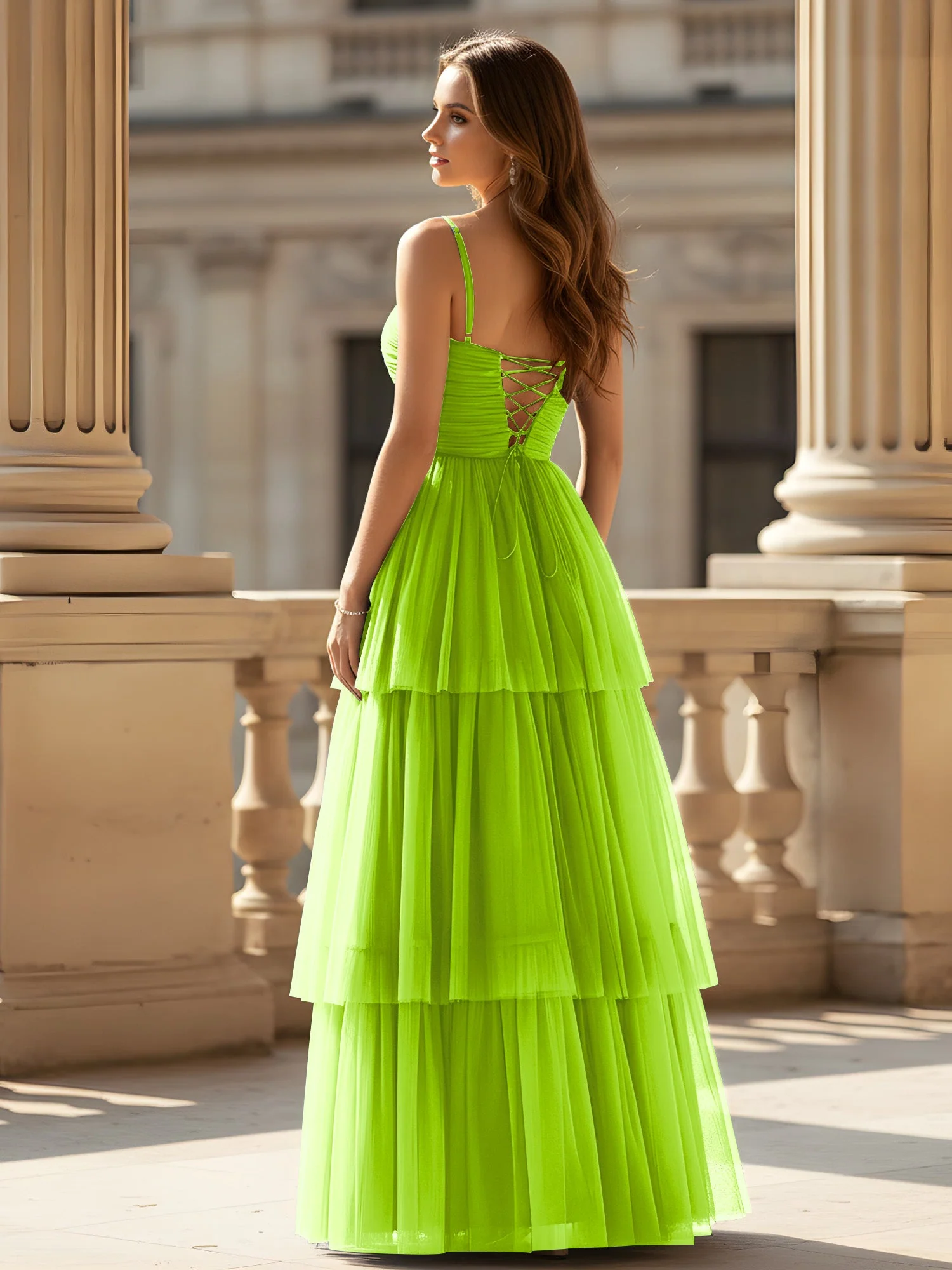 Gerafft Oberteil Stufen Tüll Kleid mit hohem Schlitz Lindgrün - Image 2