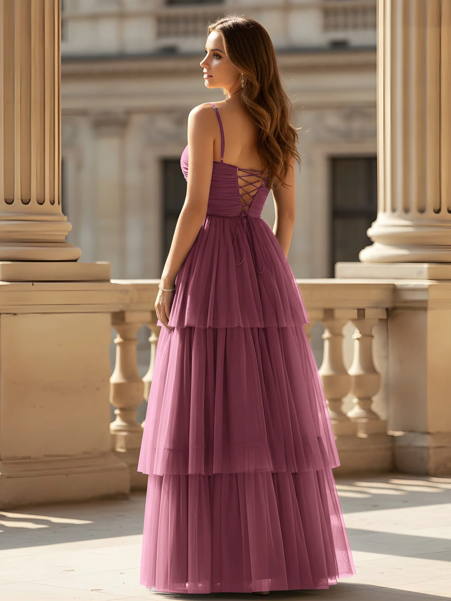 Gerafft Oberteil Stufen Tüll Kleid mit hohem Schlitz Maulbeere - Image 2