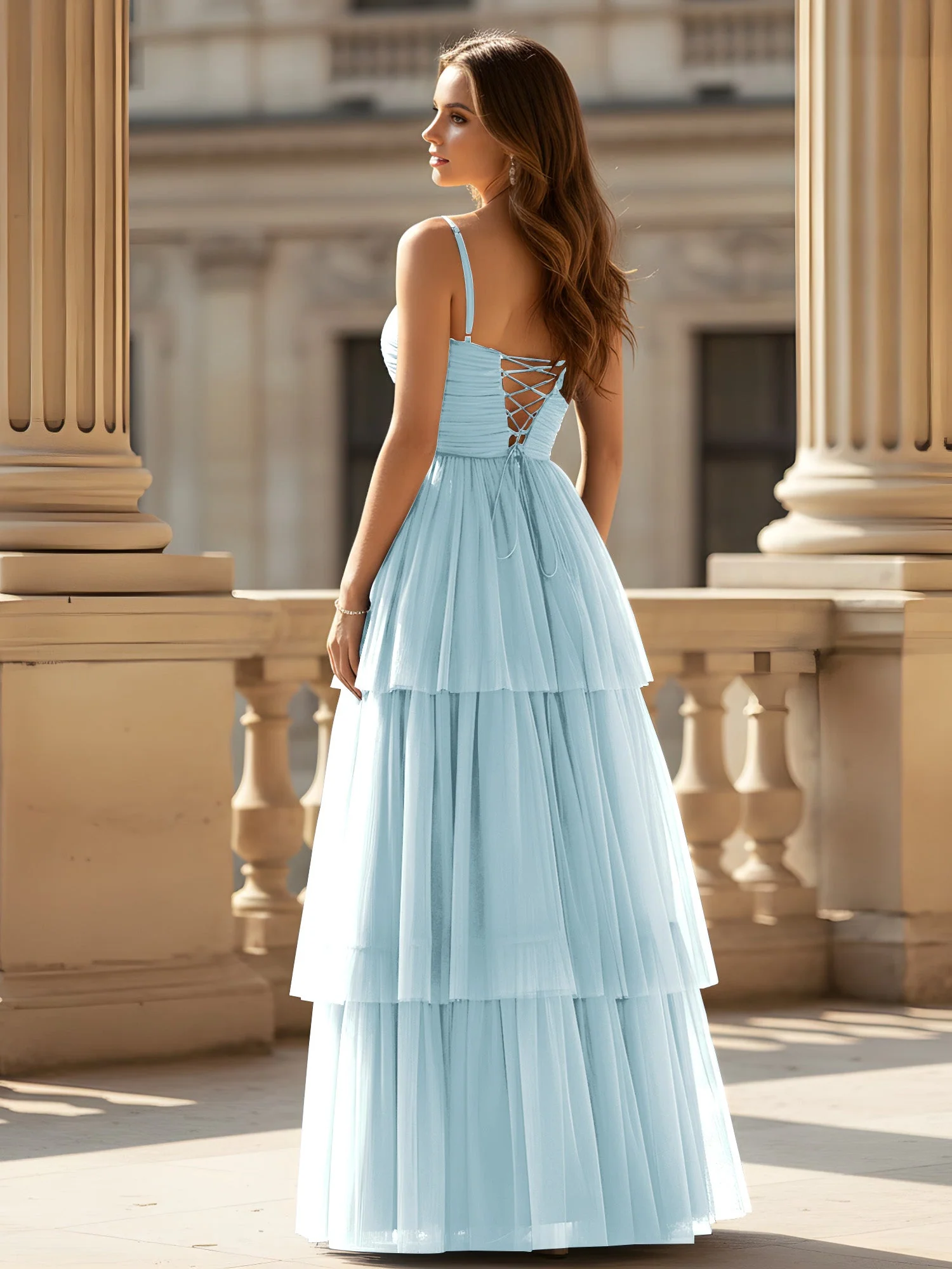 Gerafft Oberteil Stufen Tüll Kleid mit hohem Schlitz Nebel - Image 2