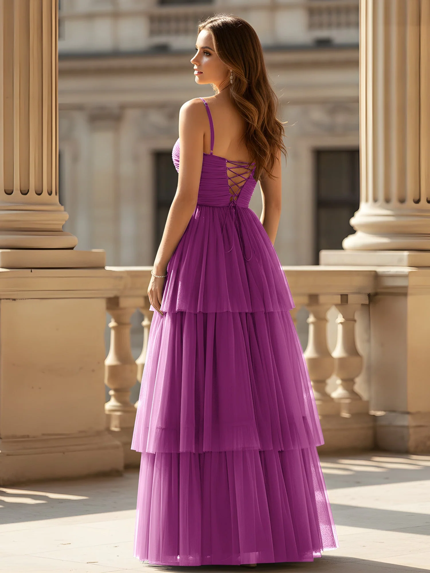 Gerafft Oberteil Stufen Tüll Kleid mit hohem Schlitz Orchidee - Image 2