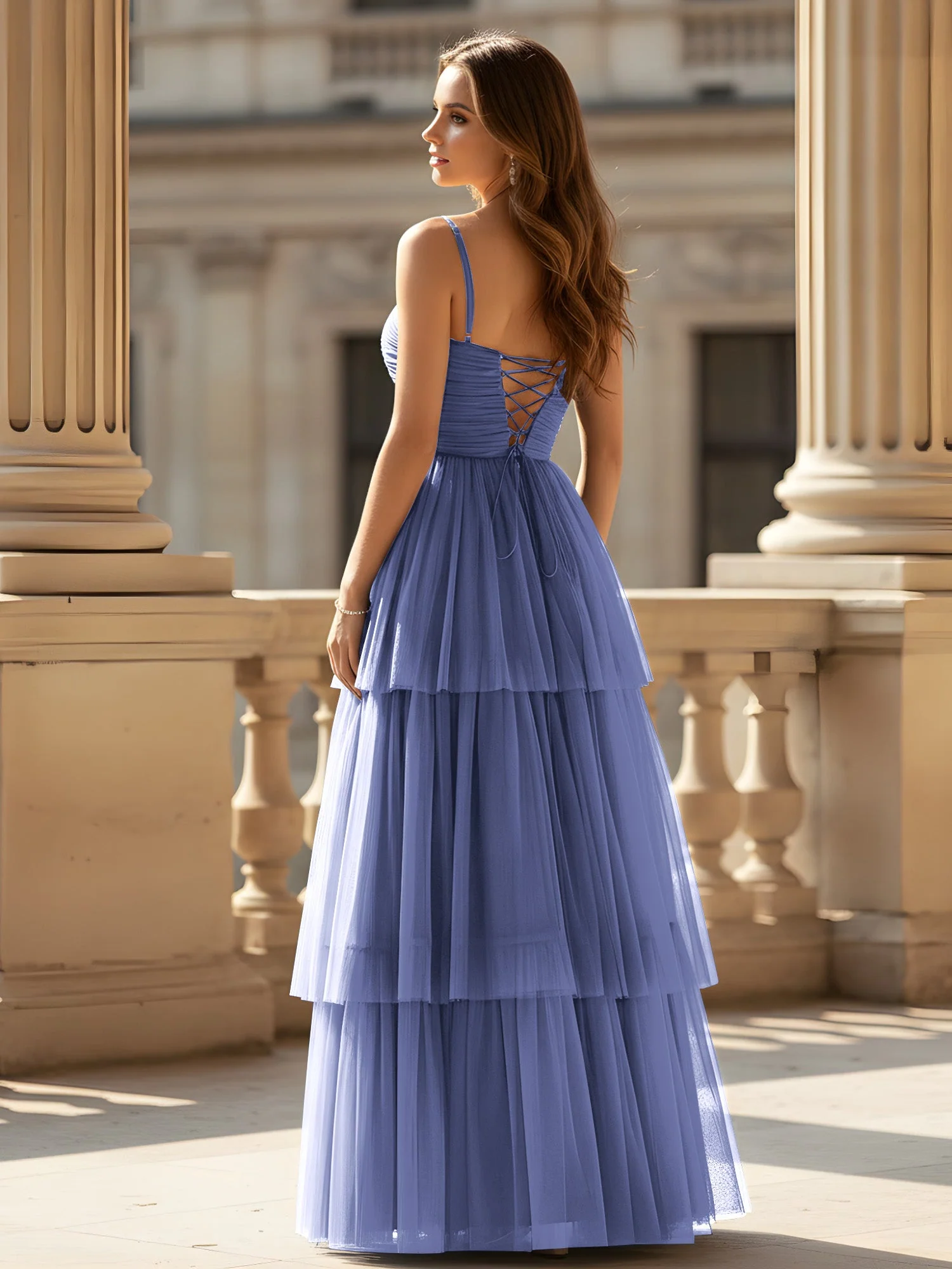 Gerafft Oberteil Stufen Tüll Kleid mit hohem Schlitz Periwinkleblau - Image 2