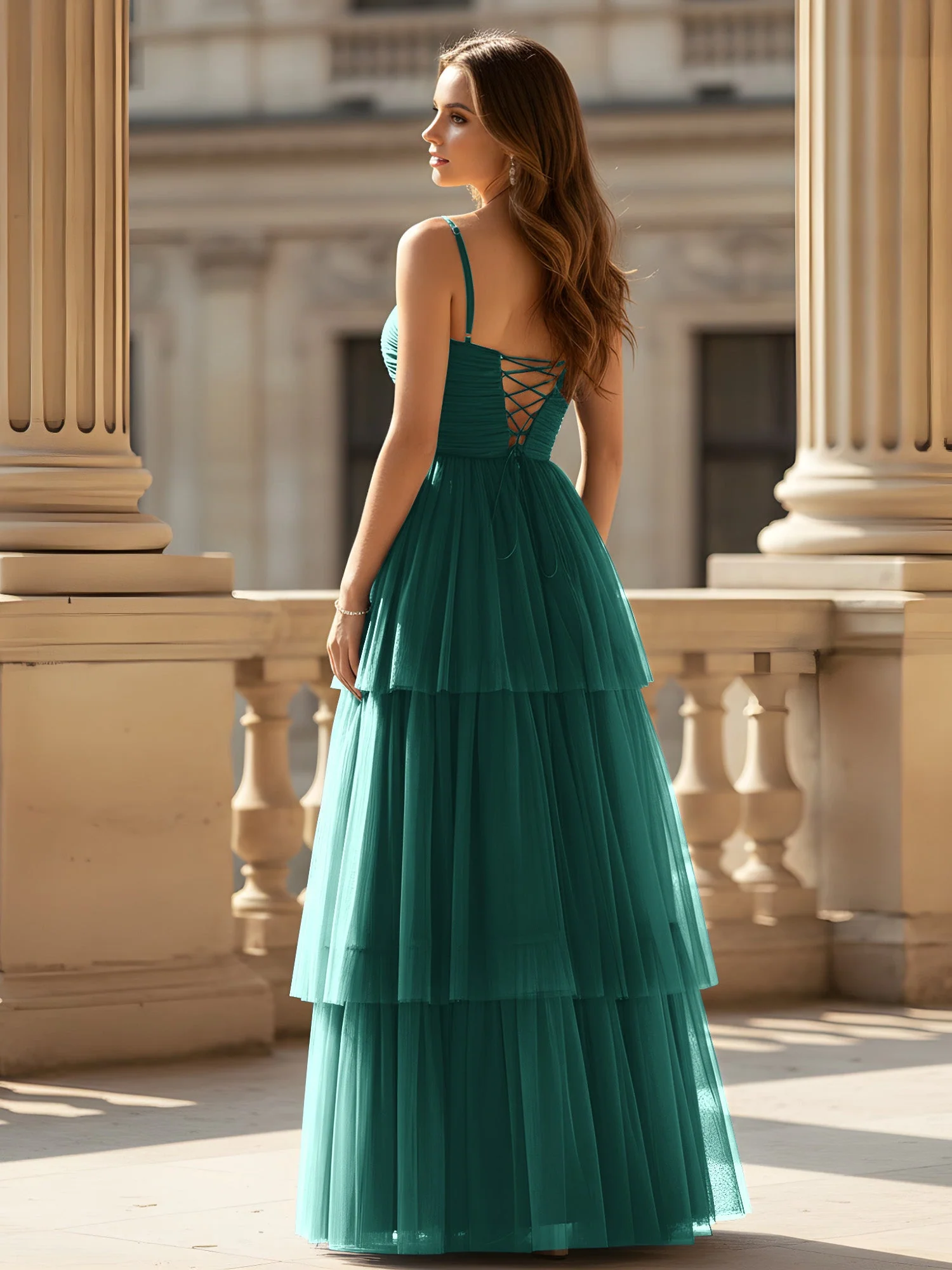 Gerafft Oberteil Stufen Tüll Kleid mit hohem Schlitz Pfau - Image 2