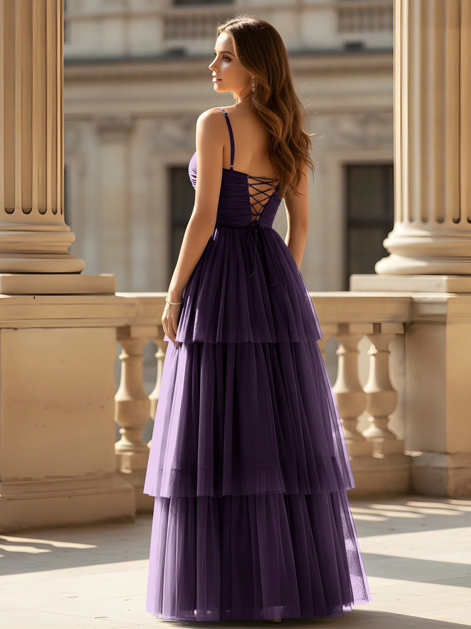 Gerafft Oberteil Stufen Tüll Kleid mit hohem Schlitz Plum - Image 2
