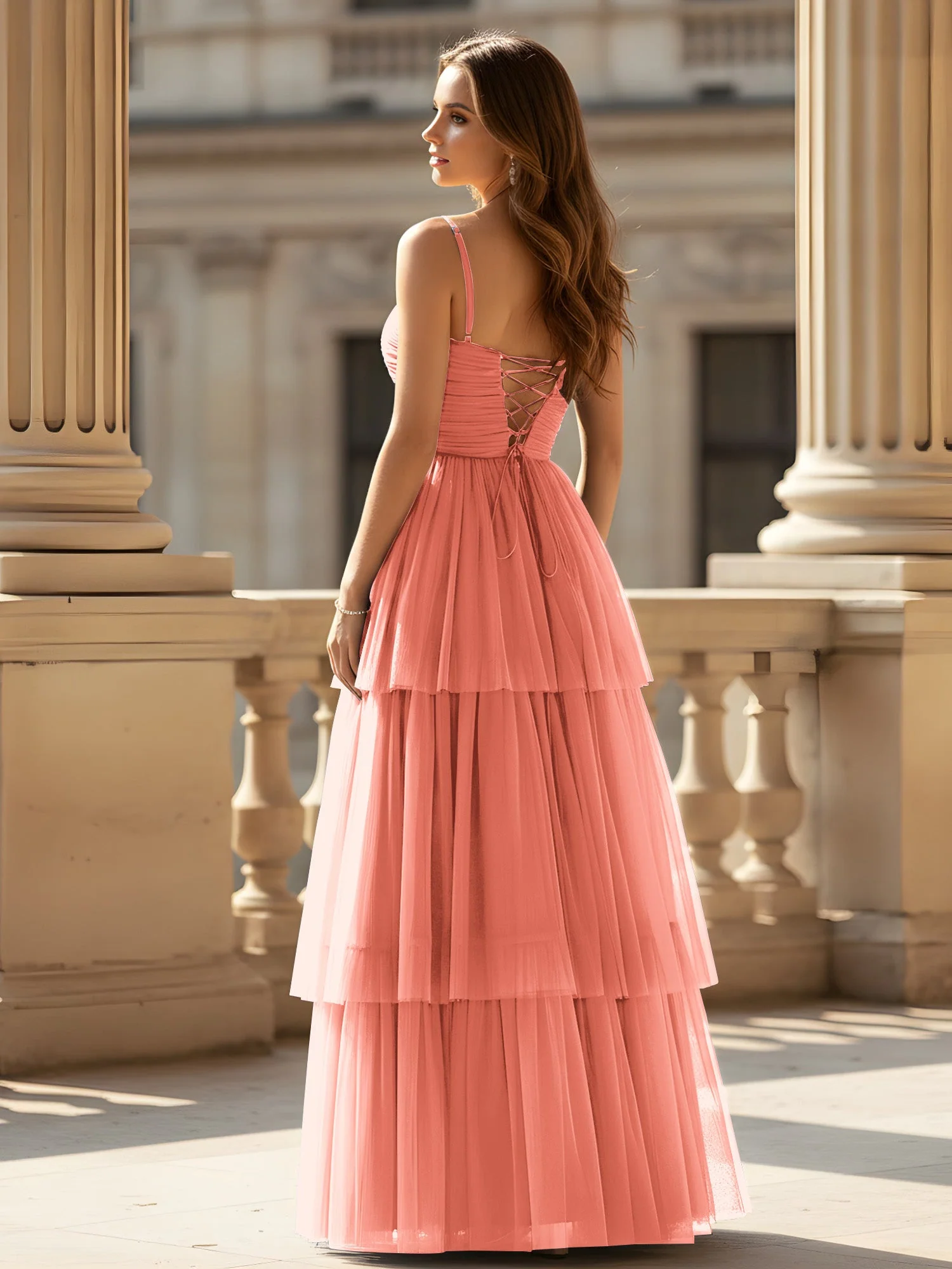 Gerafft Oberteil Stufen Tüll Kleid mit hohem Schlitz Sonnenuntergang - Image 2