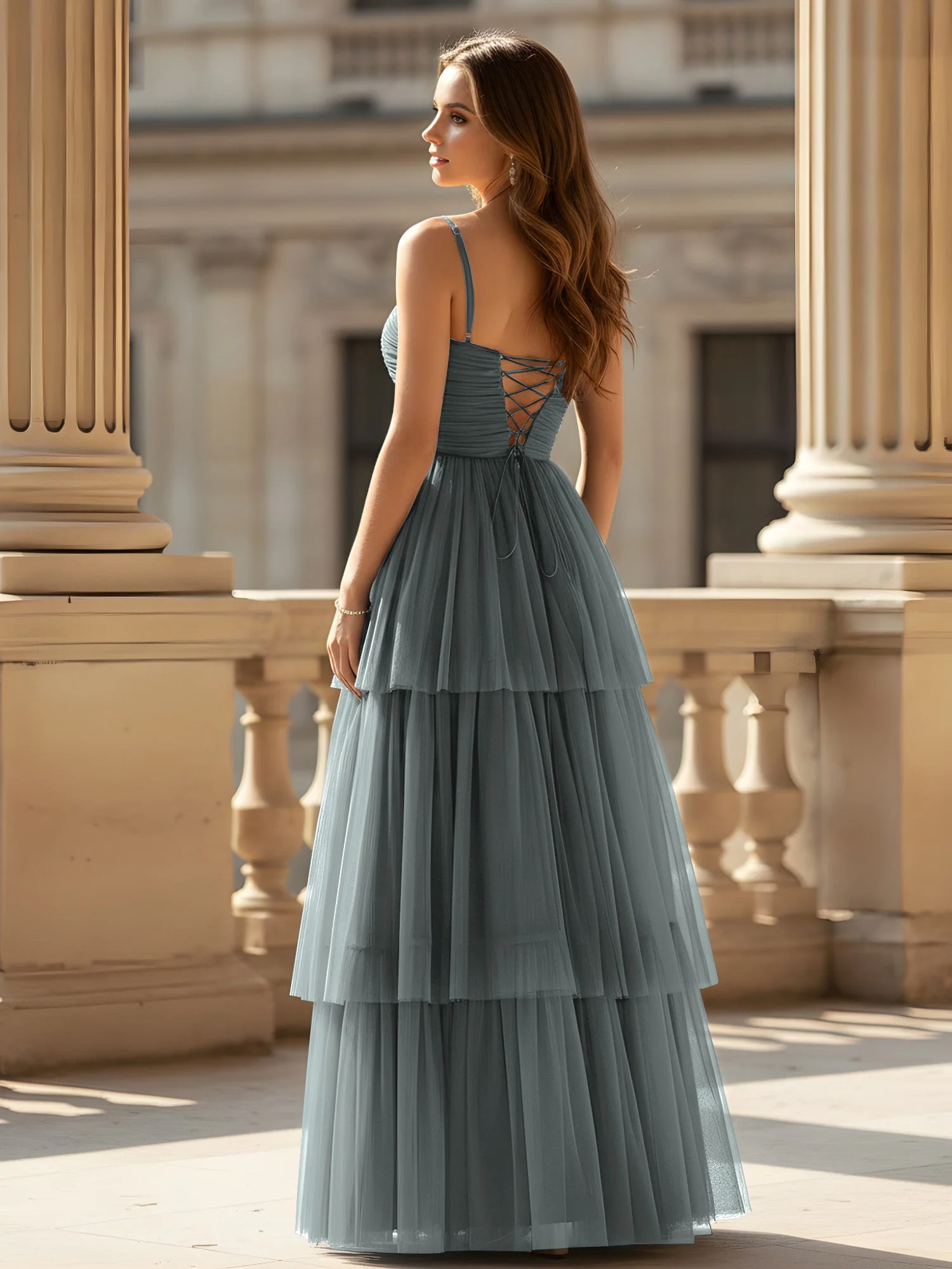 Gerafft Oberteil Stufen Tüll Kleid mit hohem Schlitz Stahlgrau - Image 2