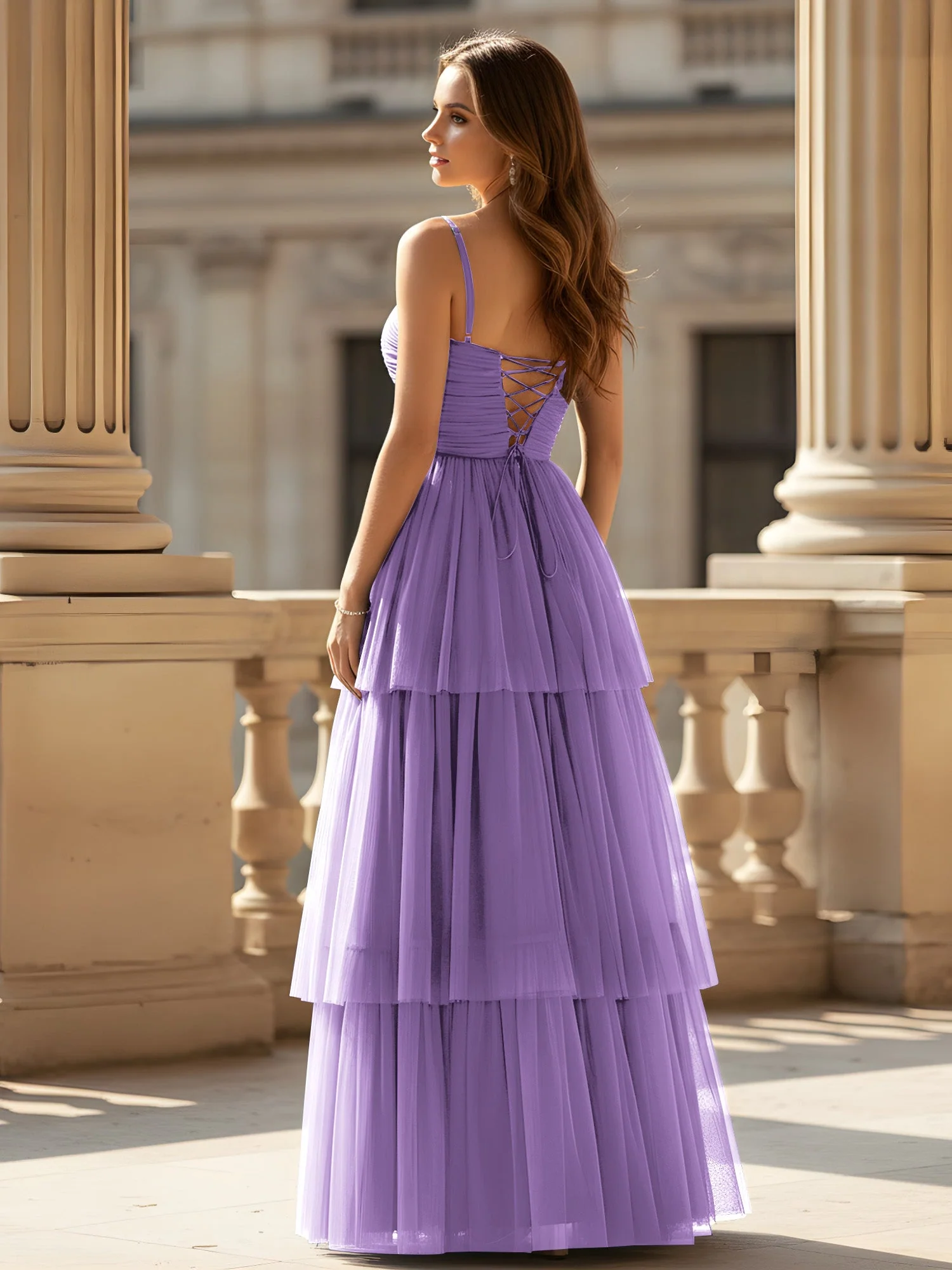 Gerafft Oberteil Stufen Tüll Kleid mit hohem Schlitz Tahiti - Image 2