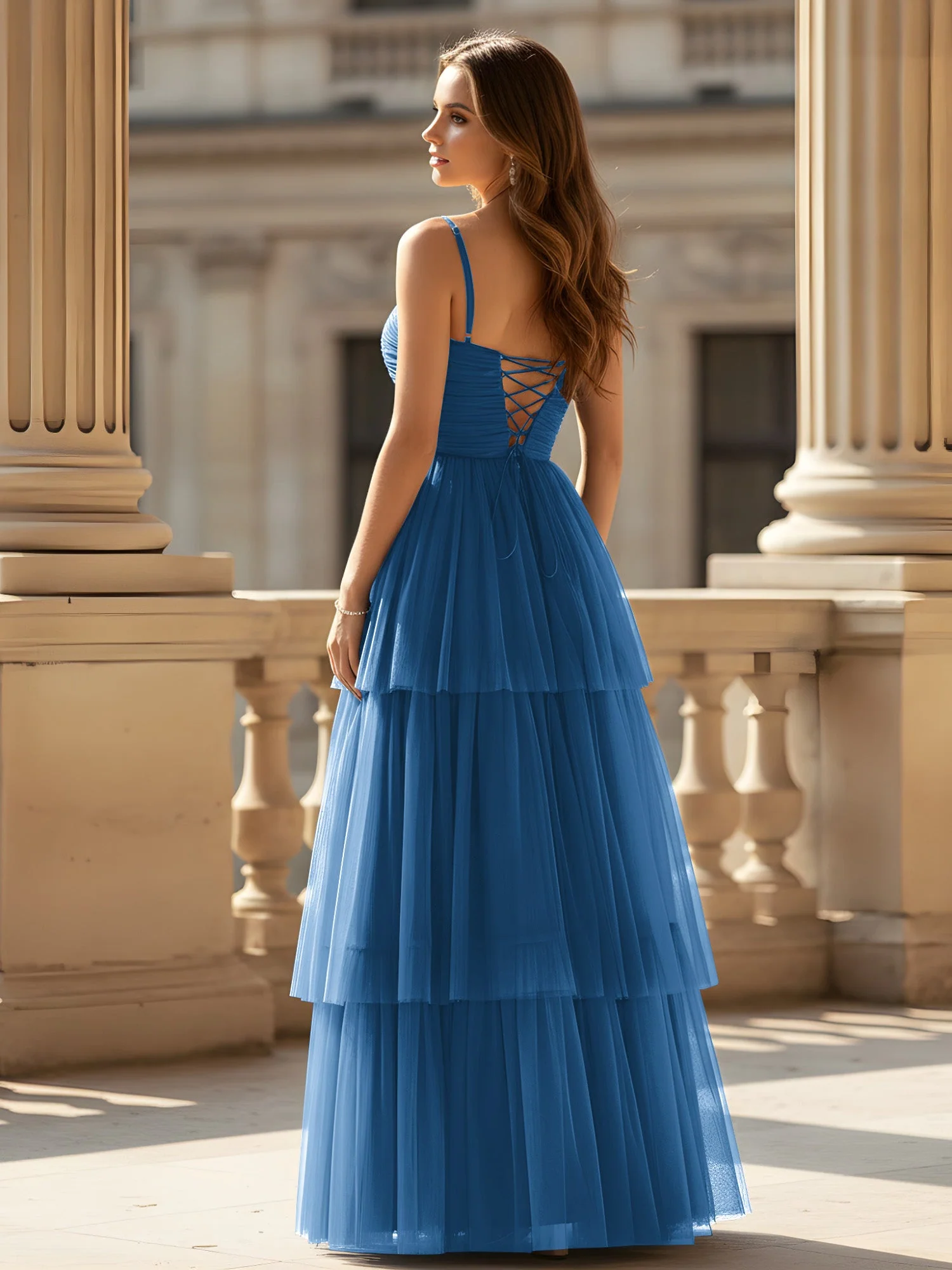 Gerafft Oberteil Stufen Tüll Kleid mit hohem Schlitz Tinte Blau - Image 2