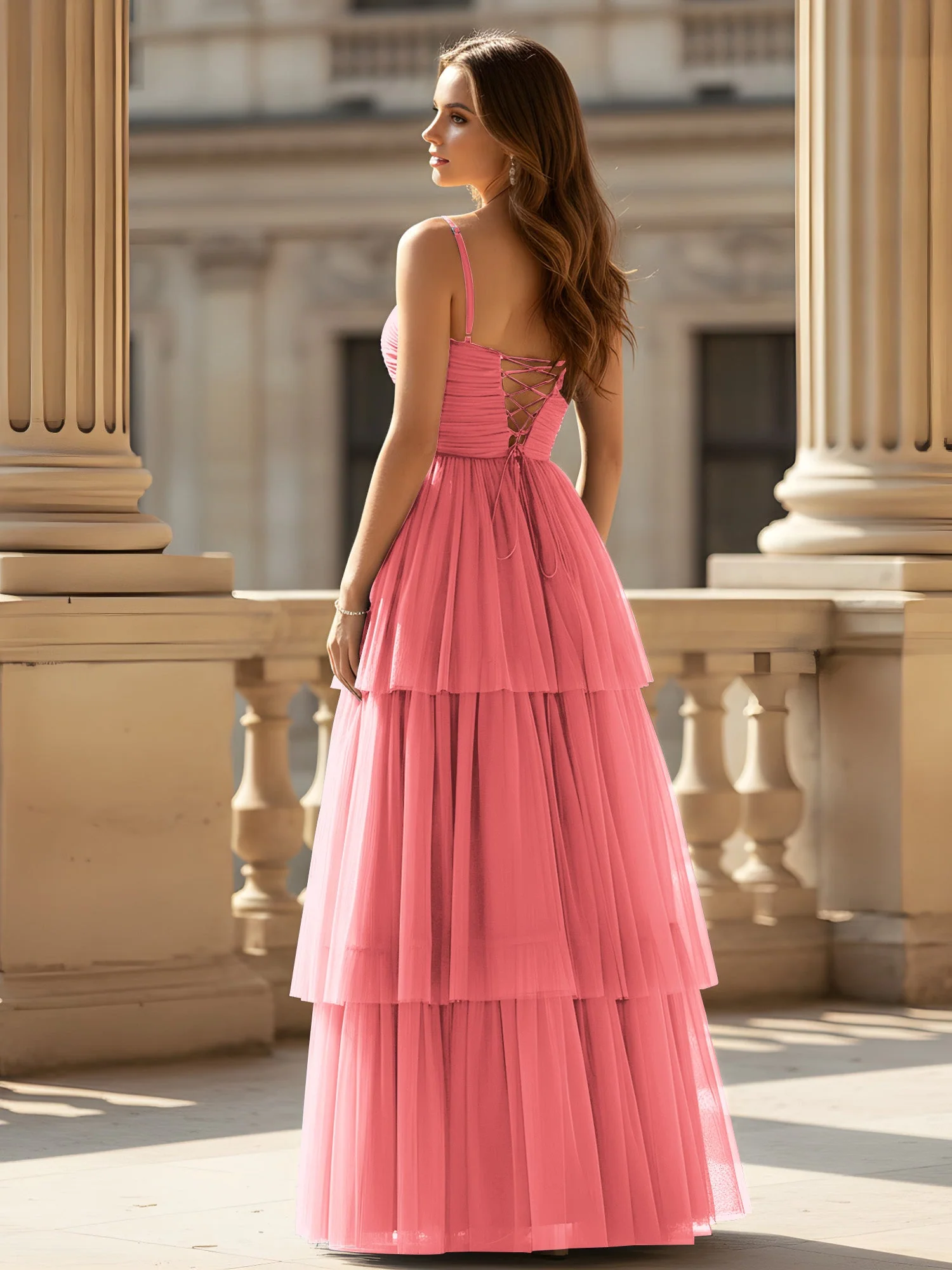 Gerafft Oberteil Stufen Tüll Kleid mit hohem Schlitz Wassermelone - Image 2