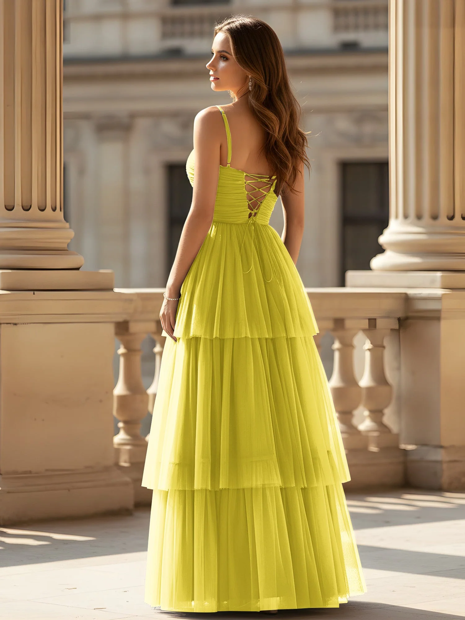 Gerafft Oberteil Stufen Tüll Kleid mit hohem Schlitz Zitrone - Image 2