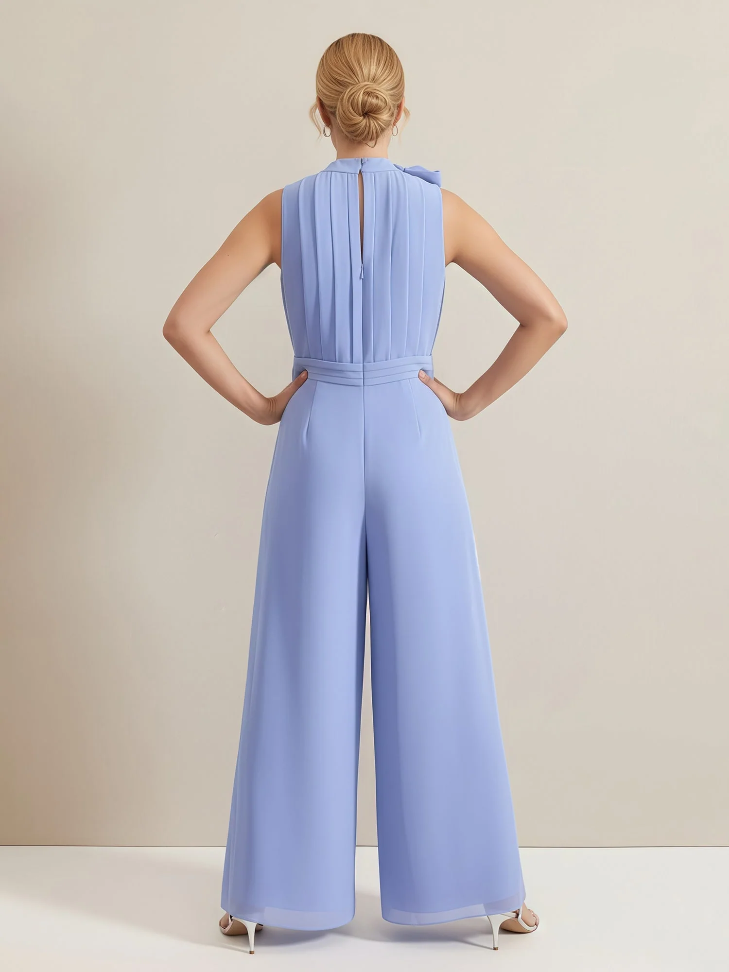 Schleife Hoher Ausschnitt Plissee Ärmellos Jumpsuit Nebel - Image 2