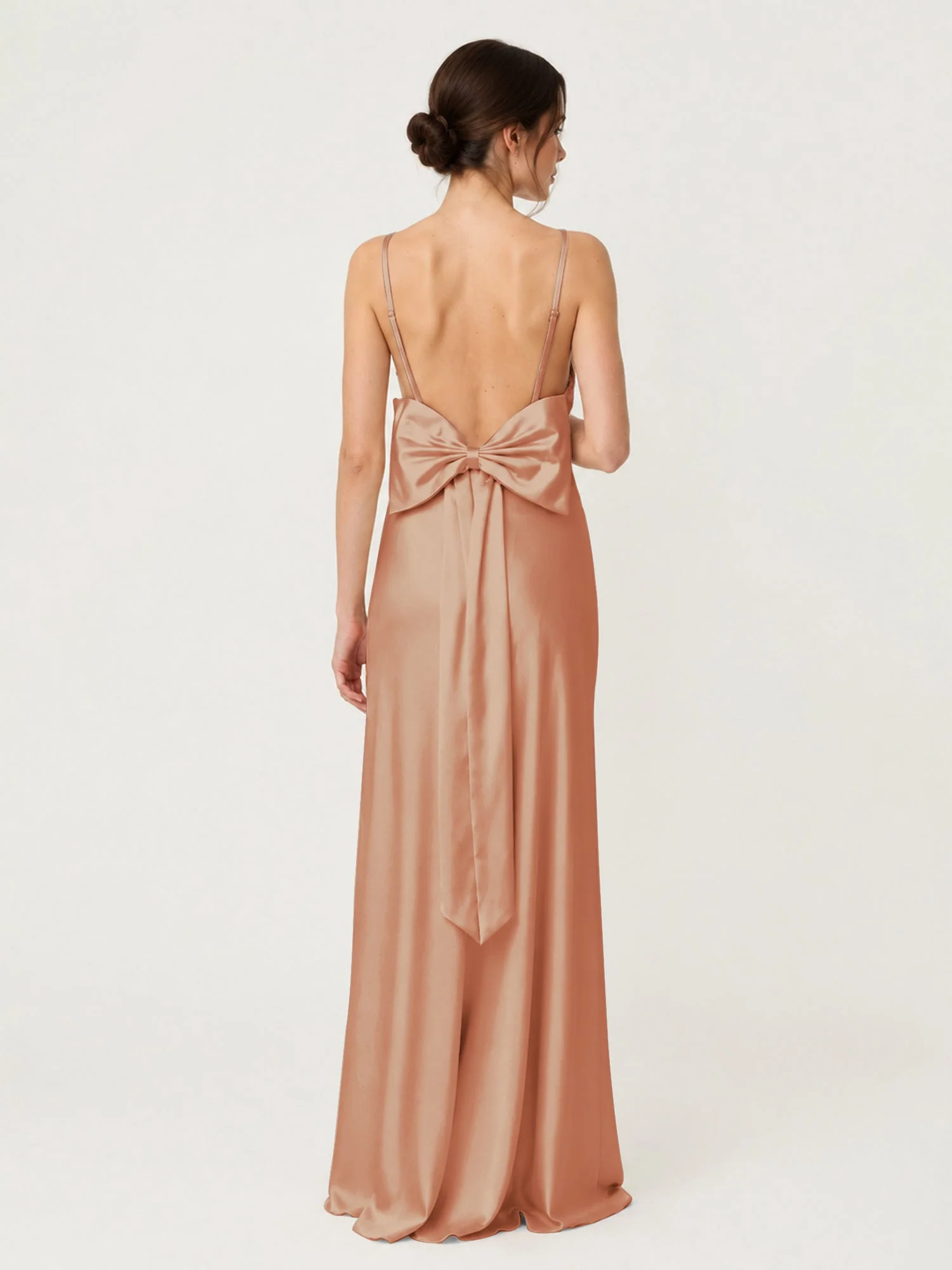 Satin Maxikleid mit Spaghettiträgern und Schleifendetail am Rücken Bronzer - Image 2